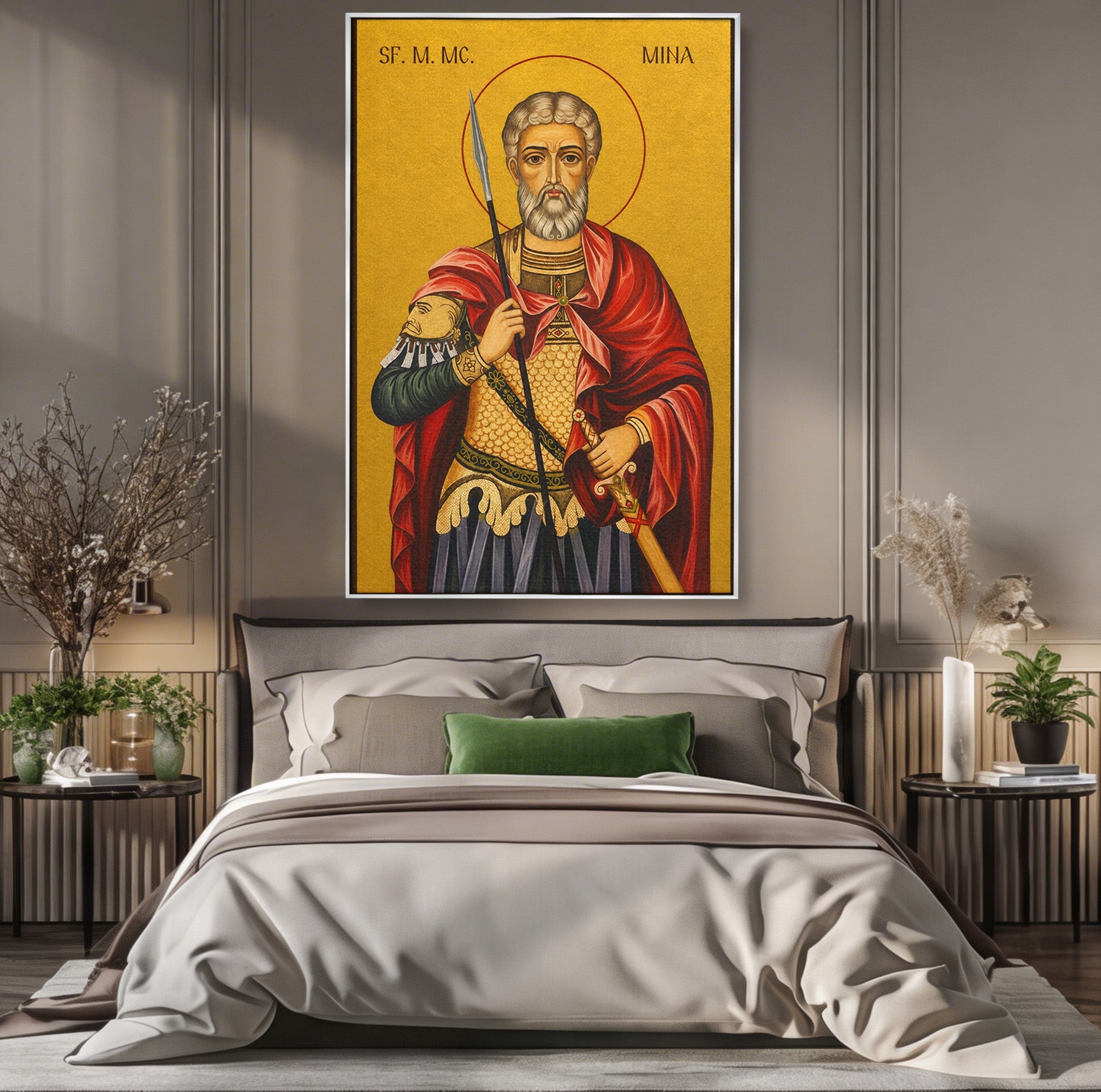 Tablou Canvas Premium LuxCanva® H1119, Sfântul Mare Mucenic Mina, Religie, Icoana, Minuni, Speranta, Dormitor, Birou, Culori Vibrante