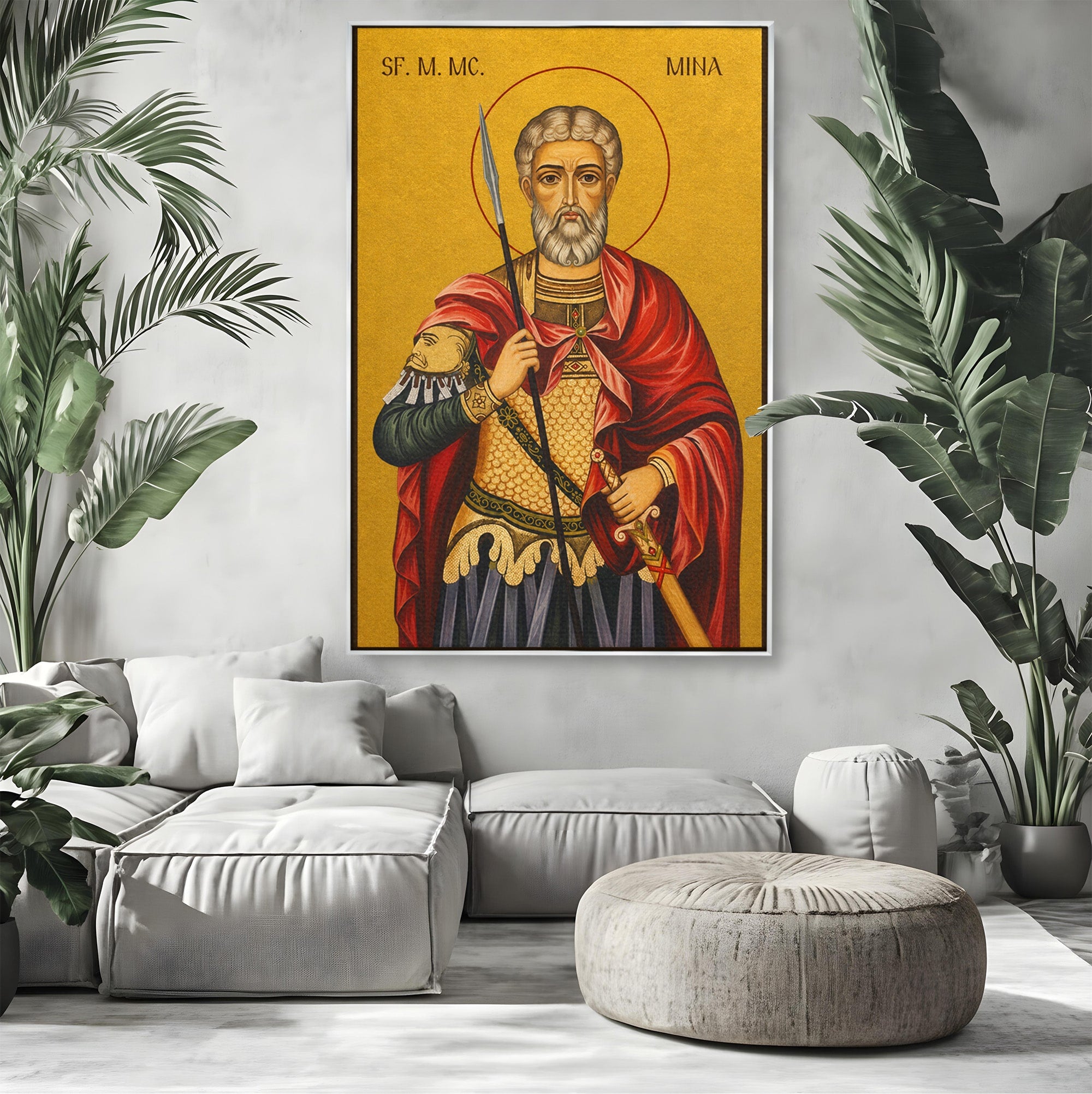 Tablou Canvas Premium LuxCanva® H1119, Sfântul Mare Mucenic Mina, Religie, Icoana, Minuni, Speranta, Dormitor, Birou, Culori Vibrante