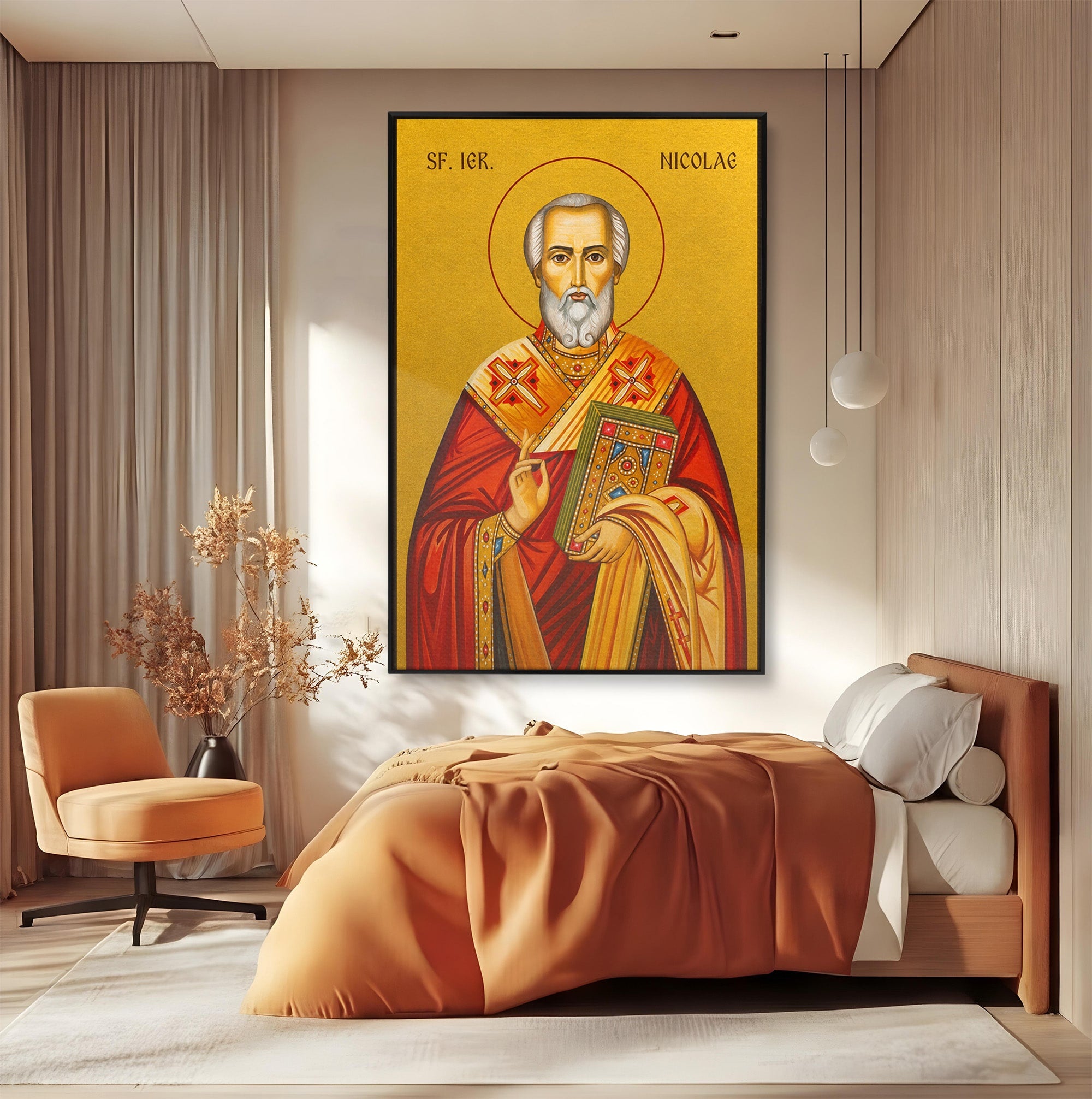 Tablou Canvas Premium LuxCanva® H1120, Sfântul Nicolae – Bunătate, Credință și Ocrotire, Religie, Icoana, Copii, Milostenie, Dormitor, Birou, Culori Vibrante