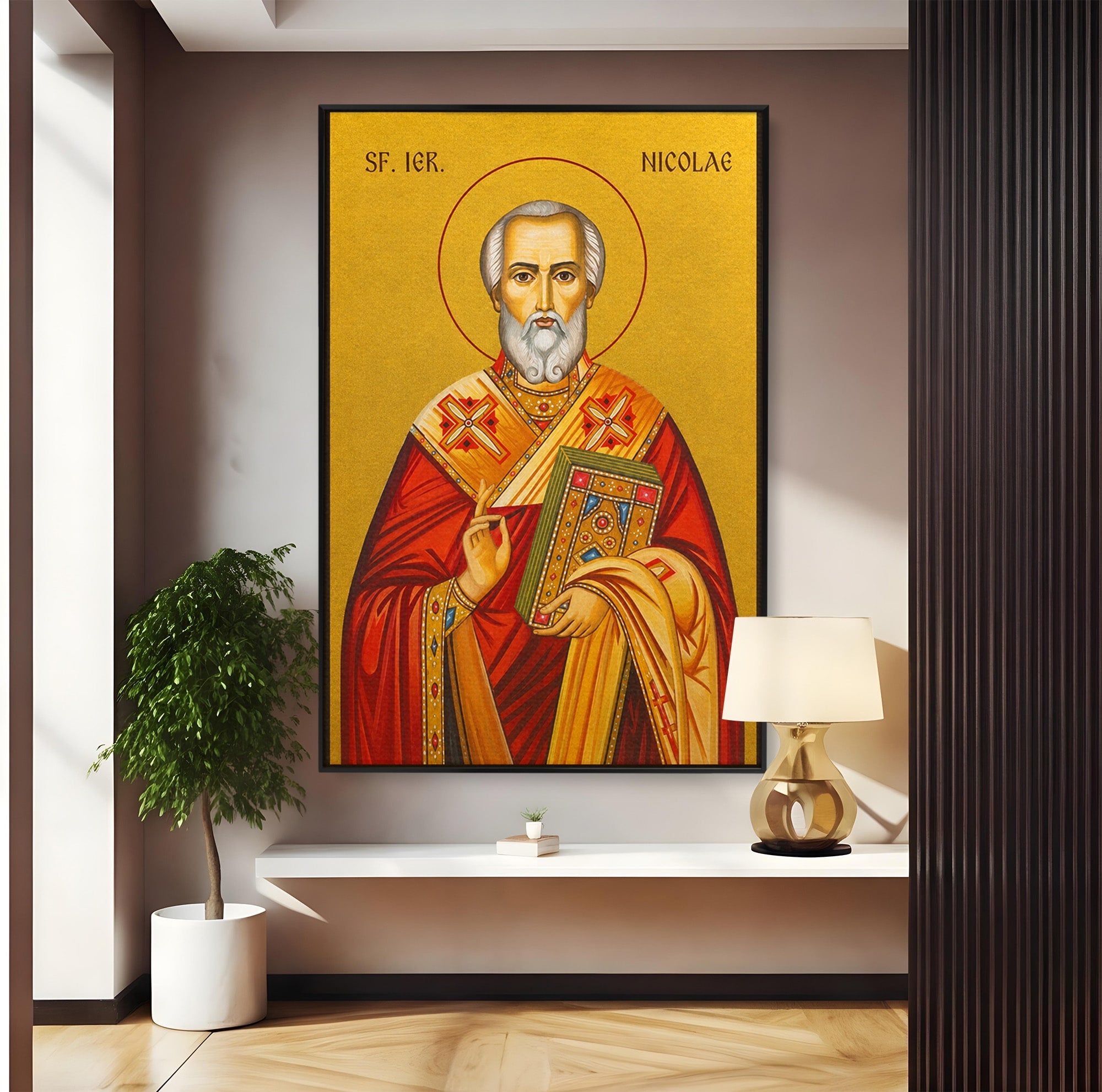 Tablou Canvas Premium LuxCanva® H1120, Sfântul Nicolae – Bunătate, Credință și Ocrotire, Religie, Icoana, Copii, Milostenie, Dormitor, Birou, Culori Vibrante