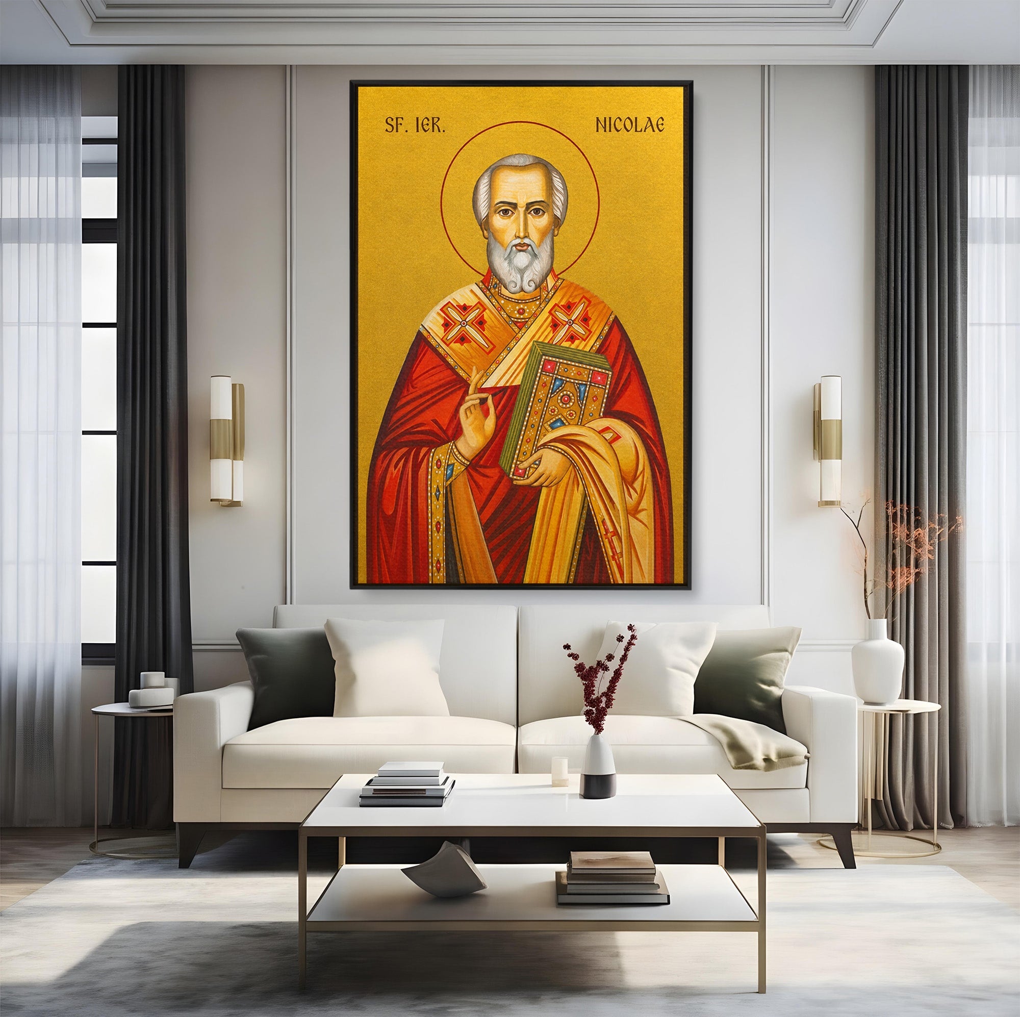 Tablou Canvas Premium LuxCanva® H1120, Sfântul Nicolae – Bunătate, Credință și Ocrotire, Religie, Icoana, Copii, Milostenie, Dormitor, Birou, Culori Vibrante