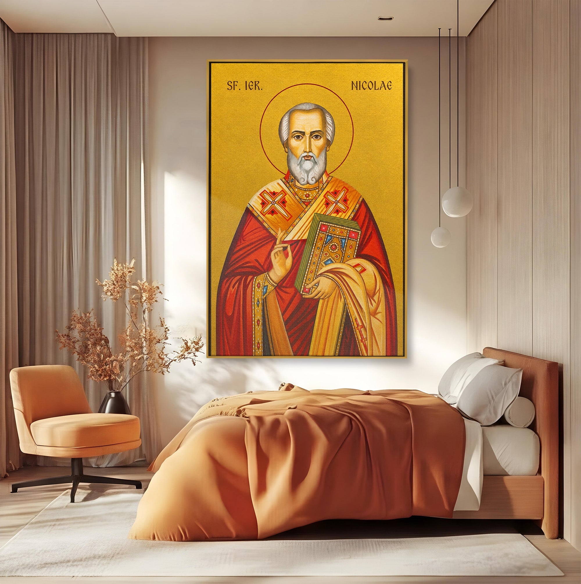 Tablou Canvas Premium LuxCanva® H1120, Sfântul Nicolae – Bunătate, Credință și Ocrotire, Religie, Icoana, Copii, Milostenie, Dormitor, Birou, Culori Vibrante
