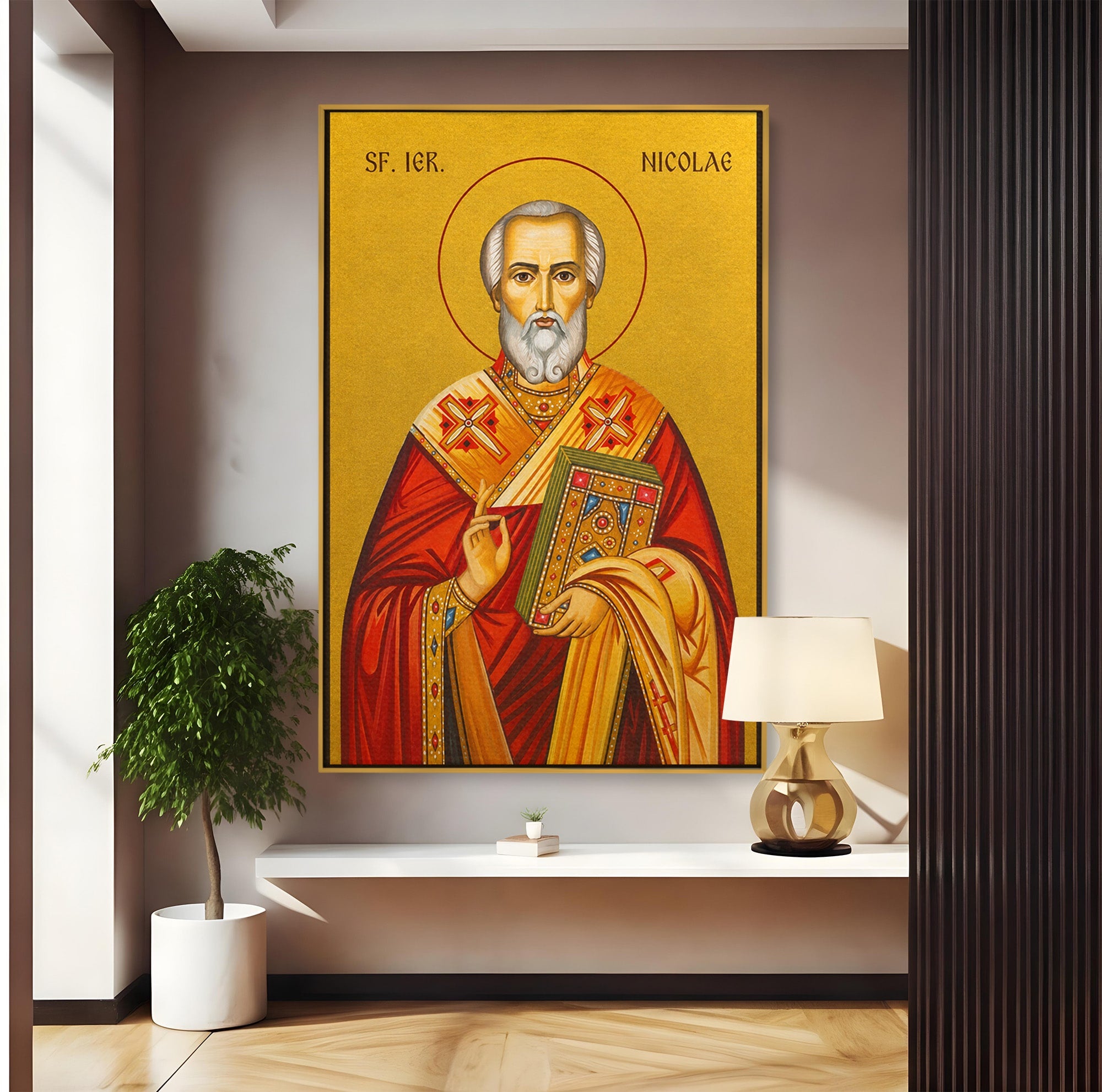 Tablou Canvas Premium LuxCanva® H1120, Sfântul Nicolae – Bunătate, Credință și Ocrotire, Religie, Icoana, Copii, Milostenie, Dormitor, Birou, Culori Vibrante
