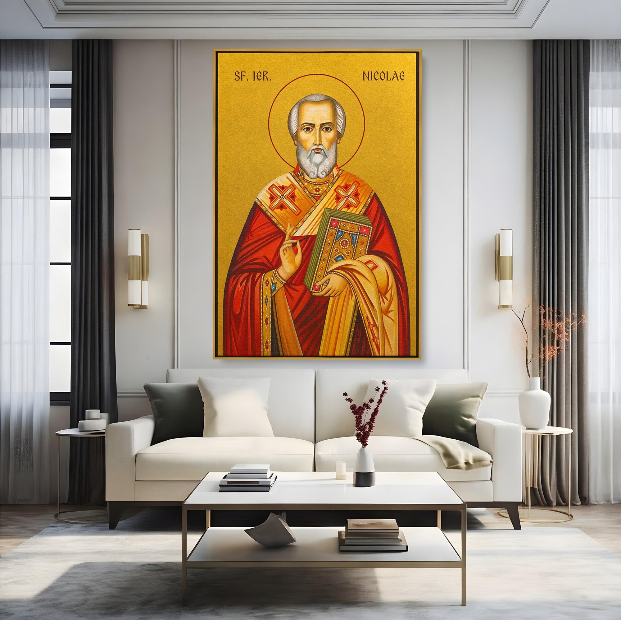 Tablou Canvas Premium LuxCanva® H1120, Sfântul Nicolae – Bunătate, Credință și Ocrotire, Religie, Icoana, Copii, Milostenie, Dormitor, Birou, Culori Vibrante