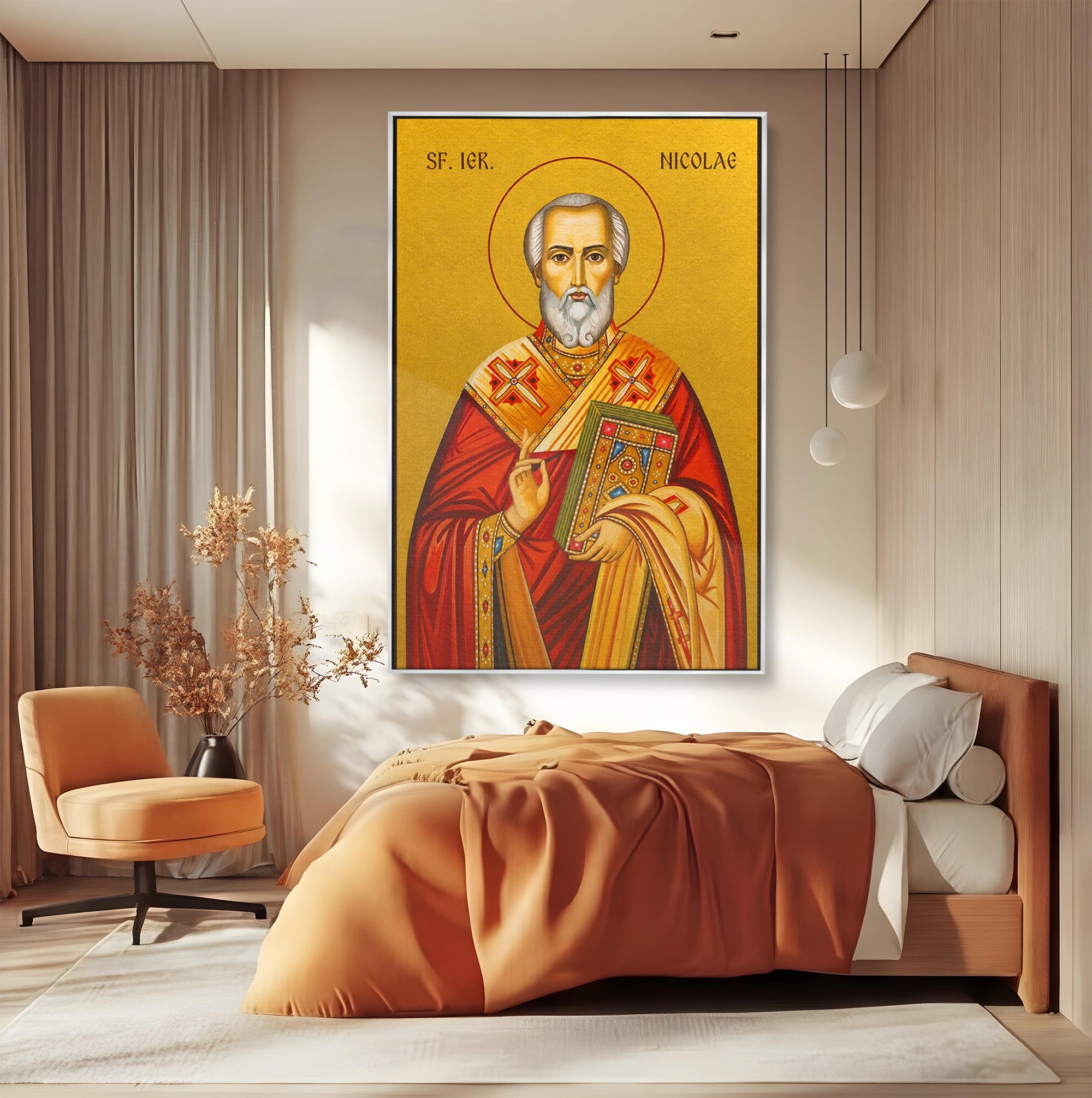 Tablou Canvas Premium LuxCanva® H1120, Sfântul Nicolae – Bunătate, Credință și Ocrotire, Religie, Icoana, Copii, Milostenie, Dormitor, Birou, Culori Vibrante