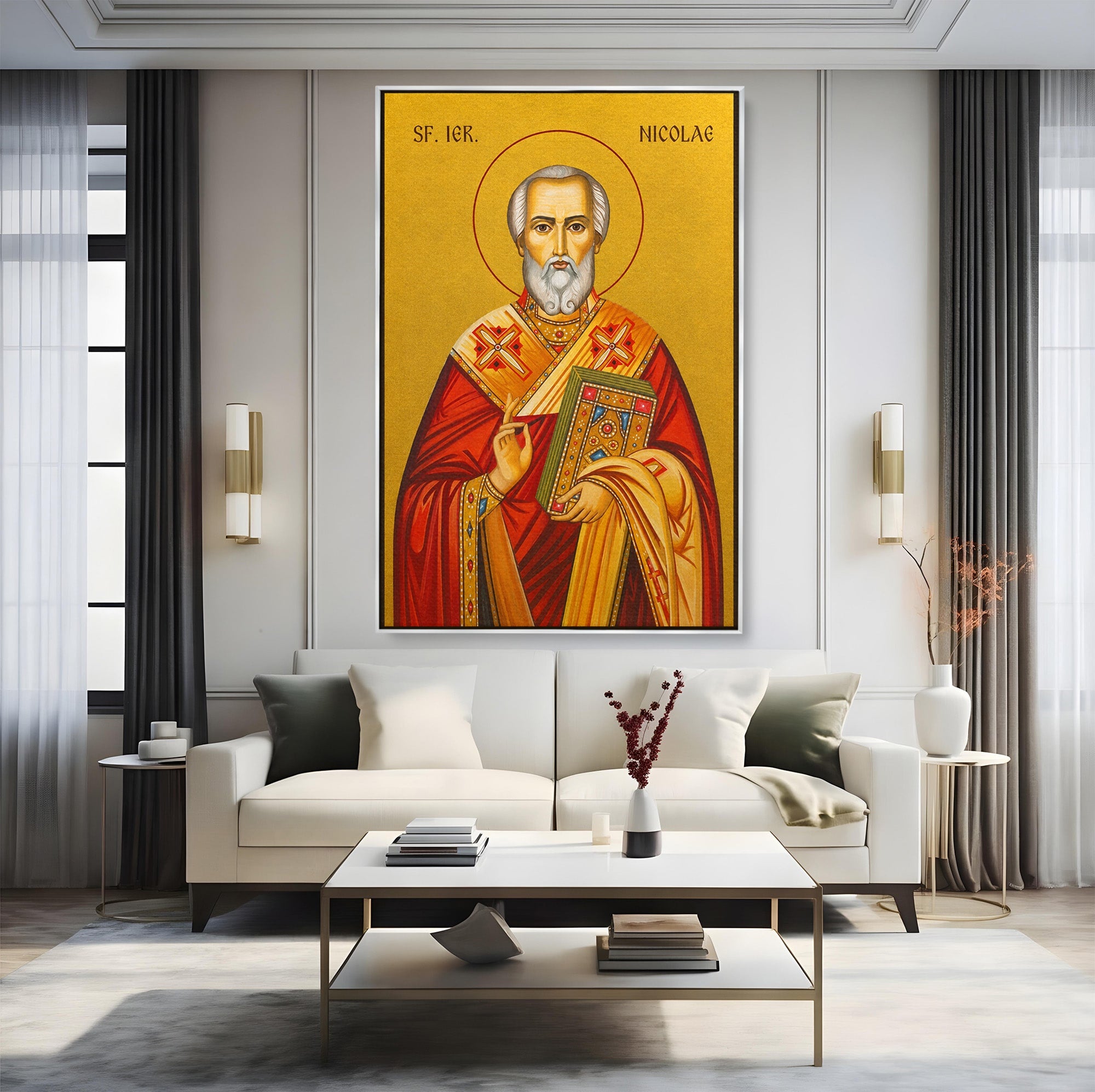 Tablou Canvas Premium LuxCanva® H1120, Sfântul Nicolae – Bunătate, Credință și Ocrotire, Religie, Icoana, Copii, Milostenie, Dormitor, Birou, Culori Vibrante