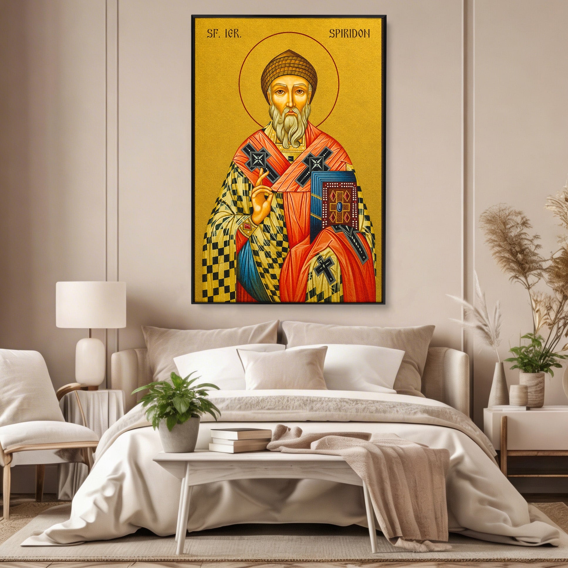 Tablou Canvas Premium LuxCanva® H1121, Sfântul Spiridon – Făcătorul de Minuni, Icoana, Ocrotitor, Sprijin, Credinta, Dormitor, Birou, Culori Vibrante