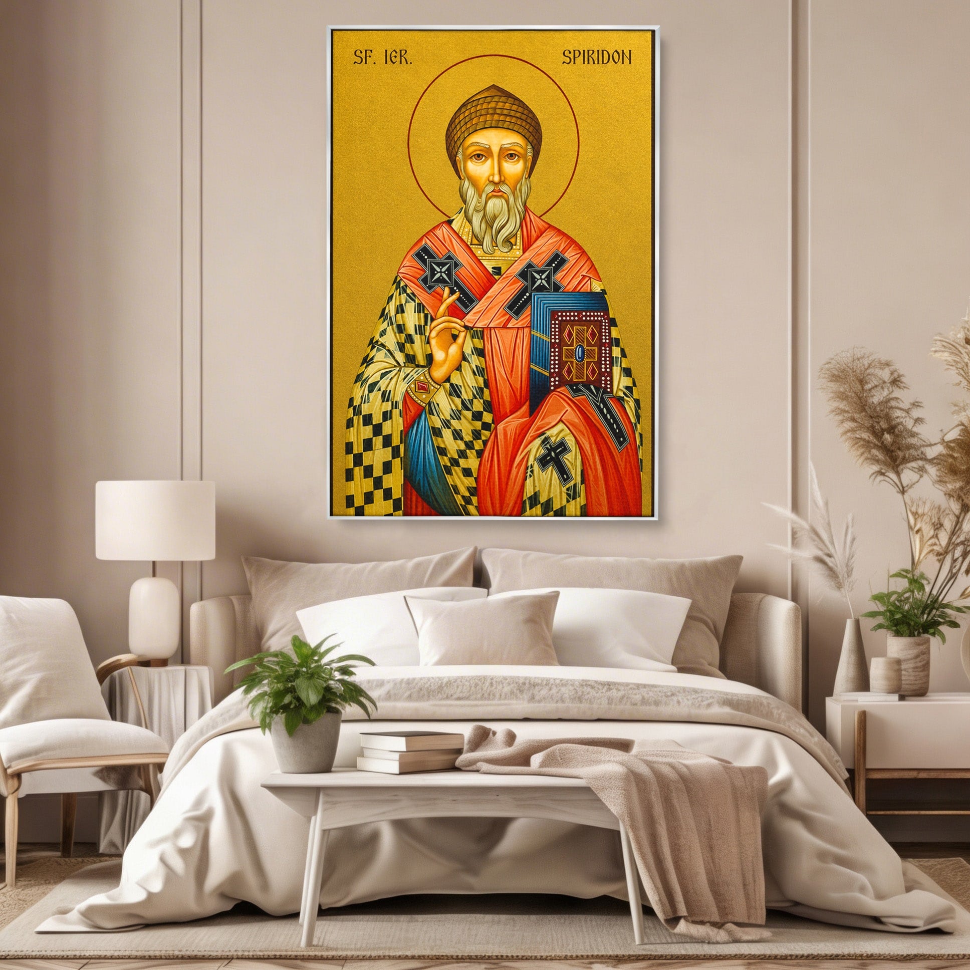Tablou Canvas Premium LuxCanva® H1121, Sfântul Spiridon – Făcătorul de Minuni, Icoana, Ocrotitor, Sprijin, Credinta, Dormitor, Birou, Culori Vibrante