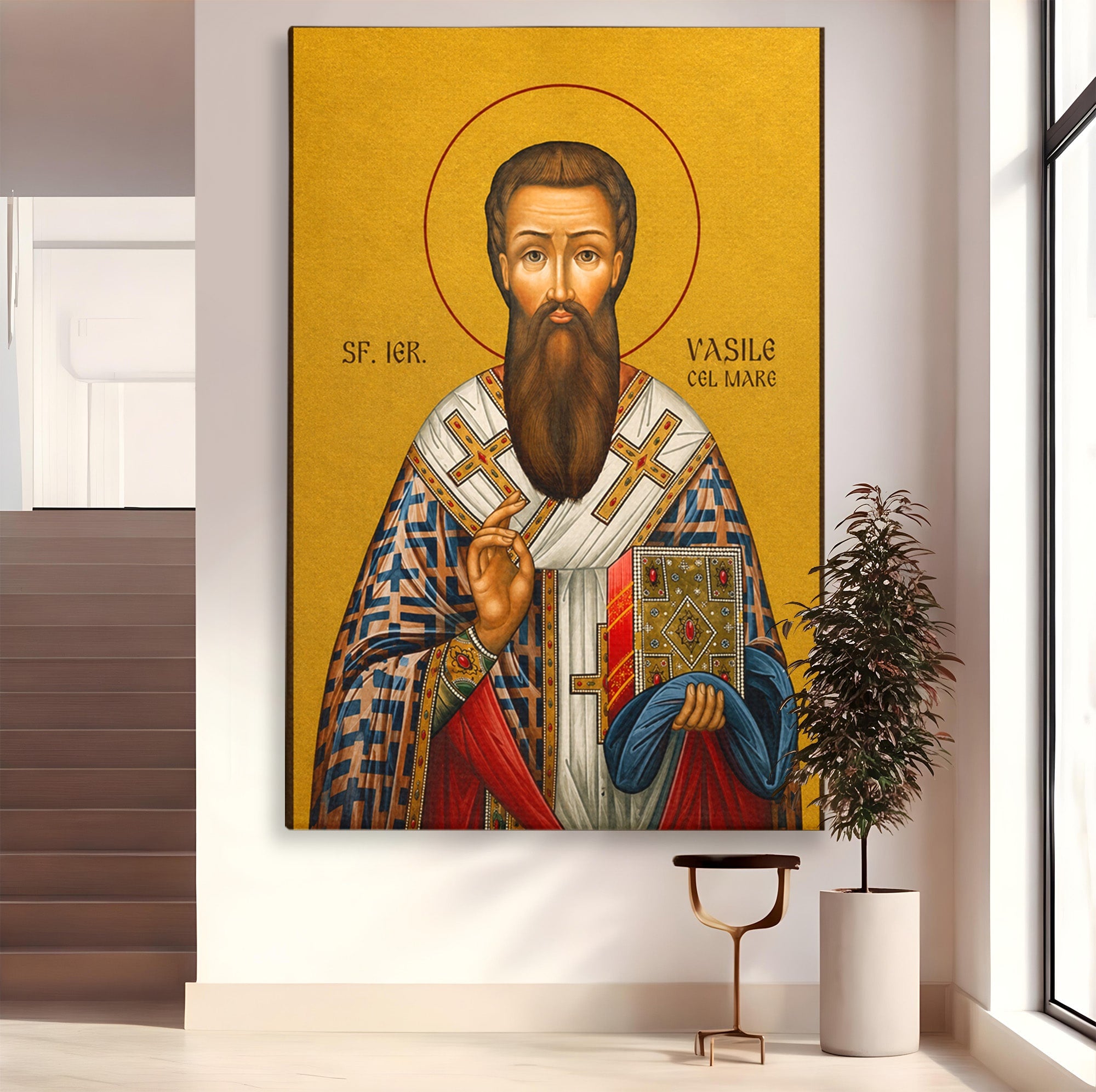 Tablou Canvas Premium LuxCanva® H1123, Sfântul Vasile cel Mare – Părinte al Credinței, Icoana, Ortodox, Spiritualitate, Har, Dormitor, Birou, Culori Vibrante