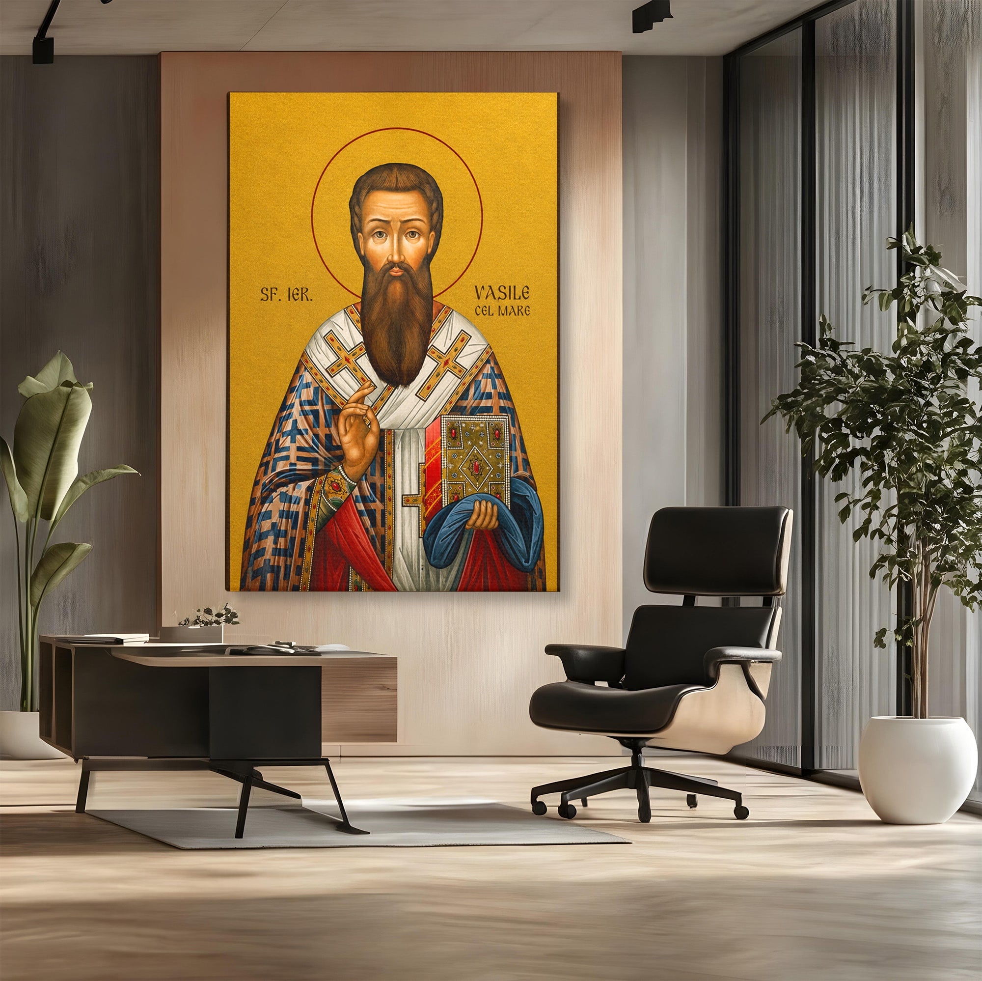 Tablou Canvas Premium LuxCanva® H1123, Sfântul Vasile cel Mare – Părinte al Credinței, Icoana, Ortodox, Spiritualitate, Har, Dormitor, Birou, Culori Vibrante