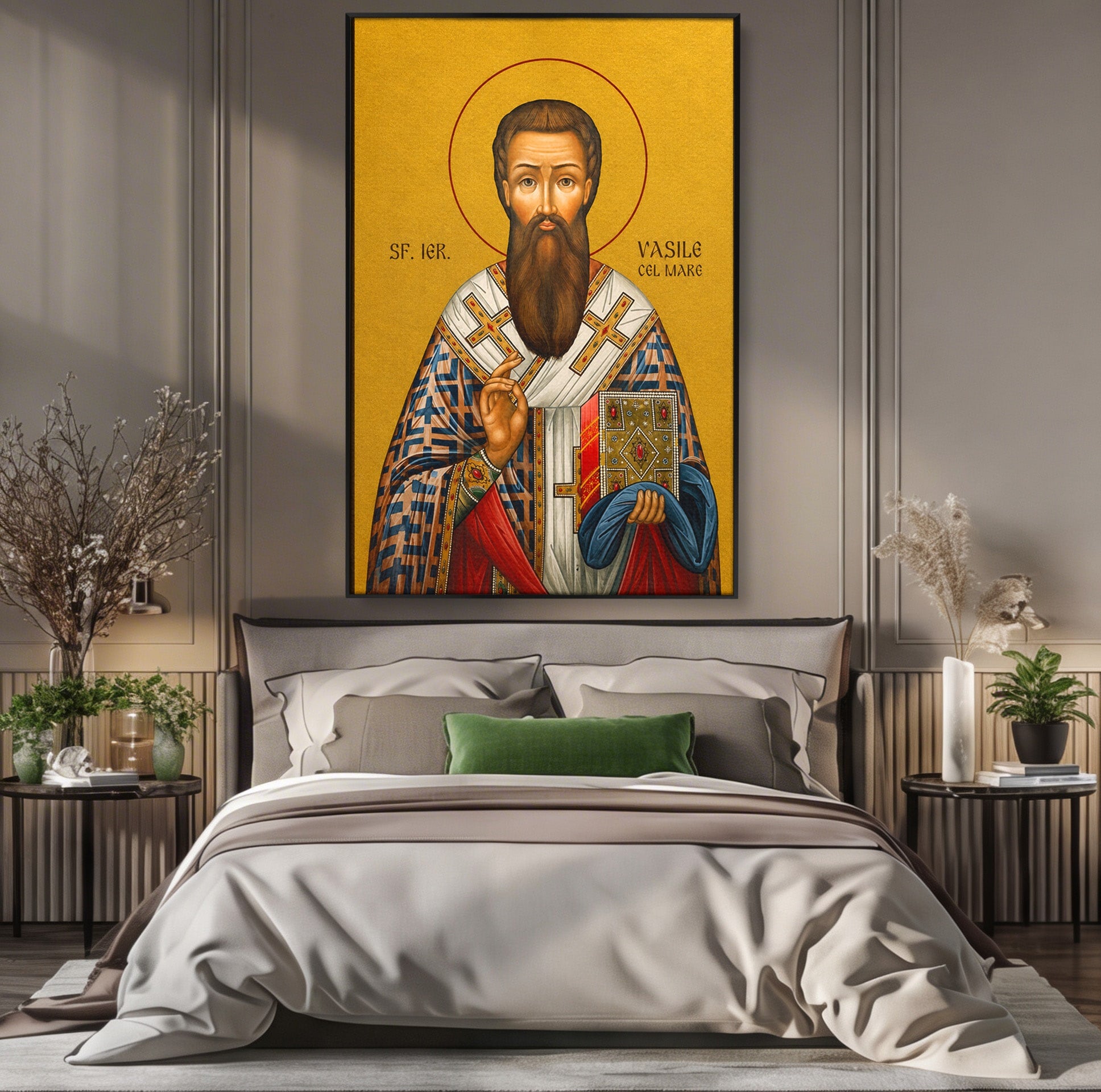 Tablou Canvas Premium LuxCanva® H1123, Sfântul Vasile cel Mare – Părinte al Credinței, Icoana, Ortodox, Spiritualitate, Har, Dormitor, Birou, Culori Vibrante