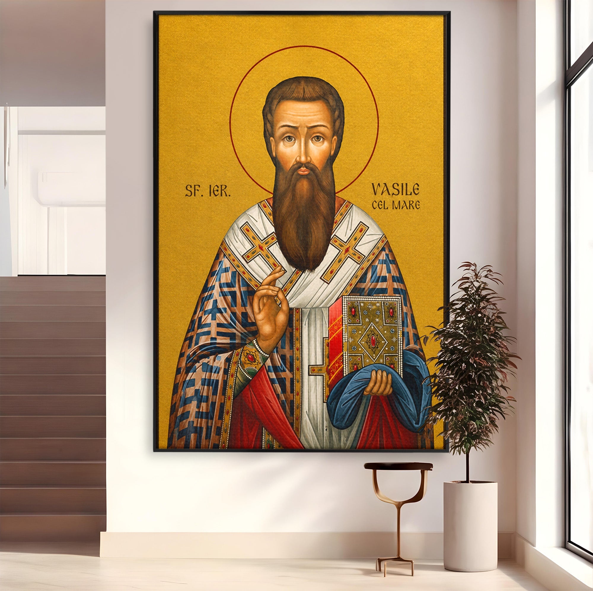Tablou Canvas Premium LuxCanva® H1123, Sfântul Vasile cel Mare – Părinte al Credinței, Icoana, Ortodox, Spiritualitate, Har, Dormitor, Birou, Culori Vibrante