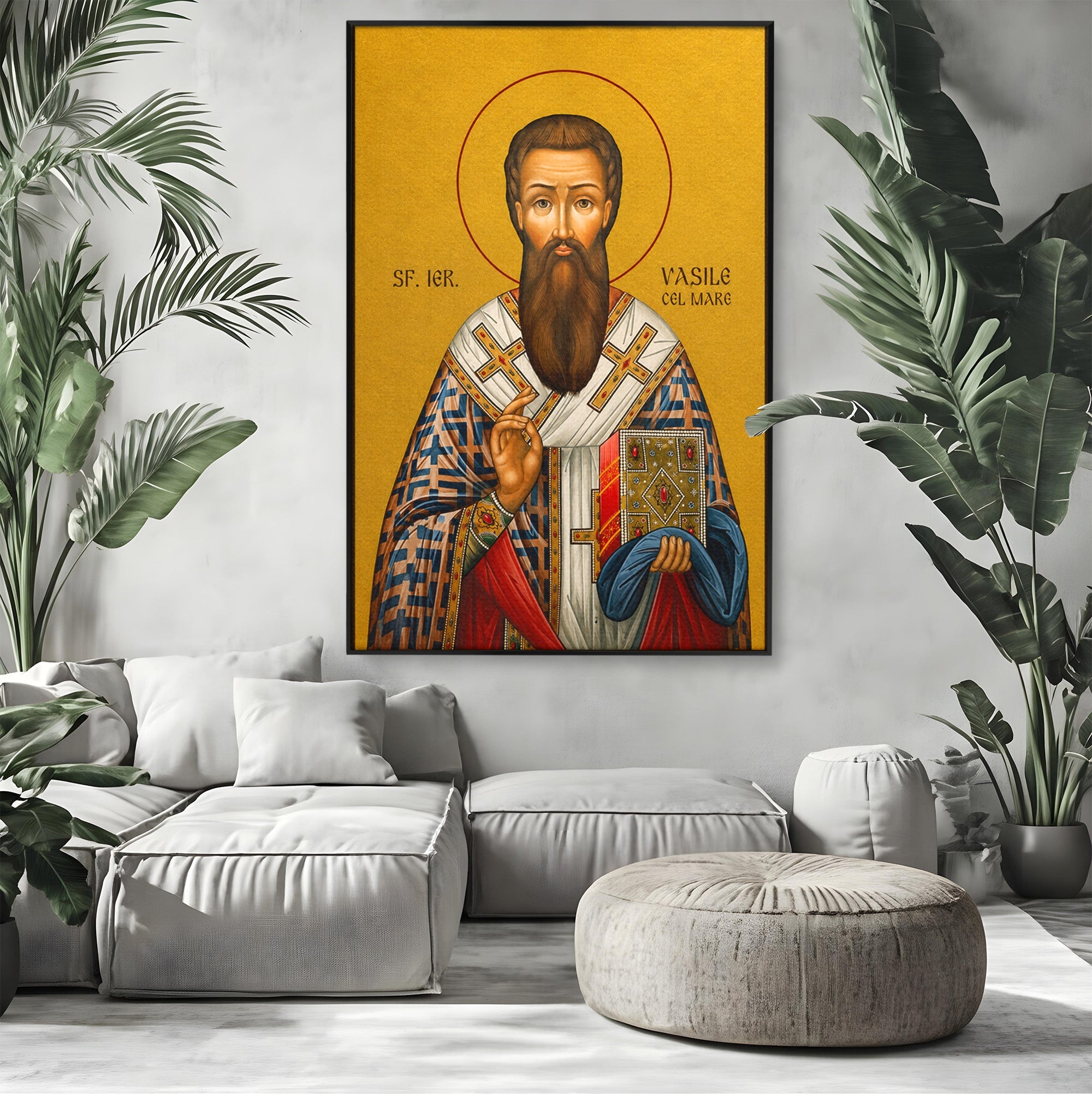 Tablou Canvas Premium LuxCanva® H1123, Sfântul Vasile cel Mare – Părinte al Credinței, Icoana, Ortodox, Spiritualitate, Har, Dormitor, Birou, Culori Vibrante