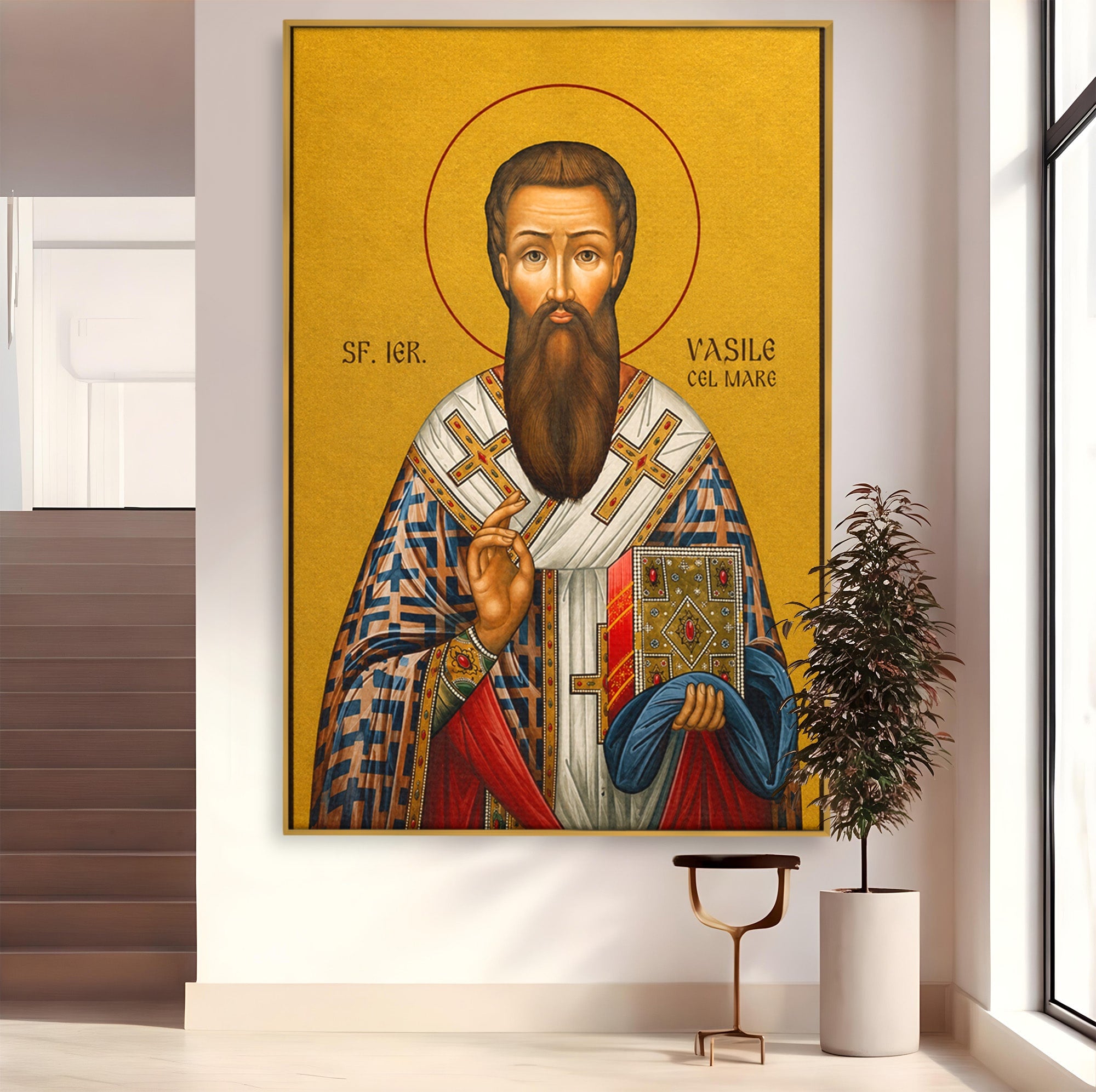 Tablou Canvas Premium LuxCanva® H1123, Sfântul Vasile cel Mare – Părinte al Credinței, Icoana, Ortodox, Spiritualitate, Har, Dormitor, Birou, Culori Vibrante