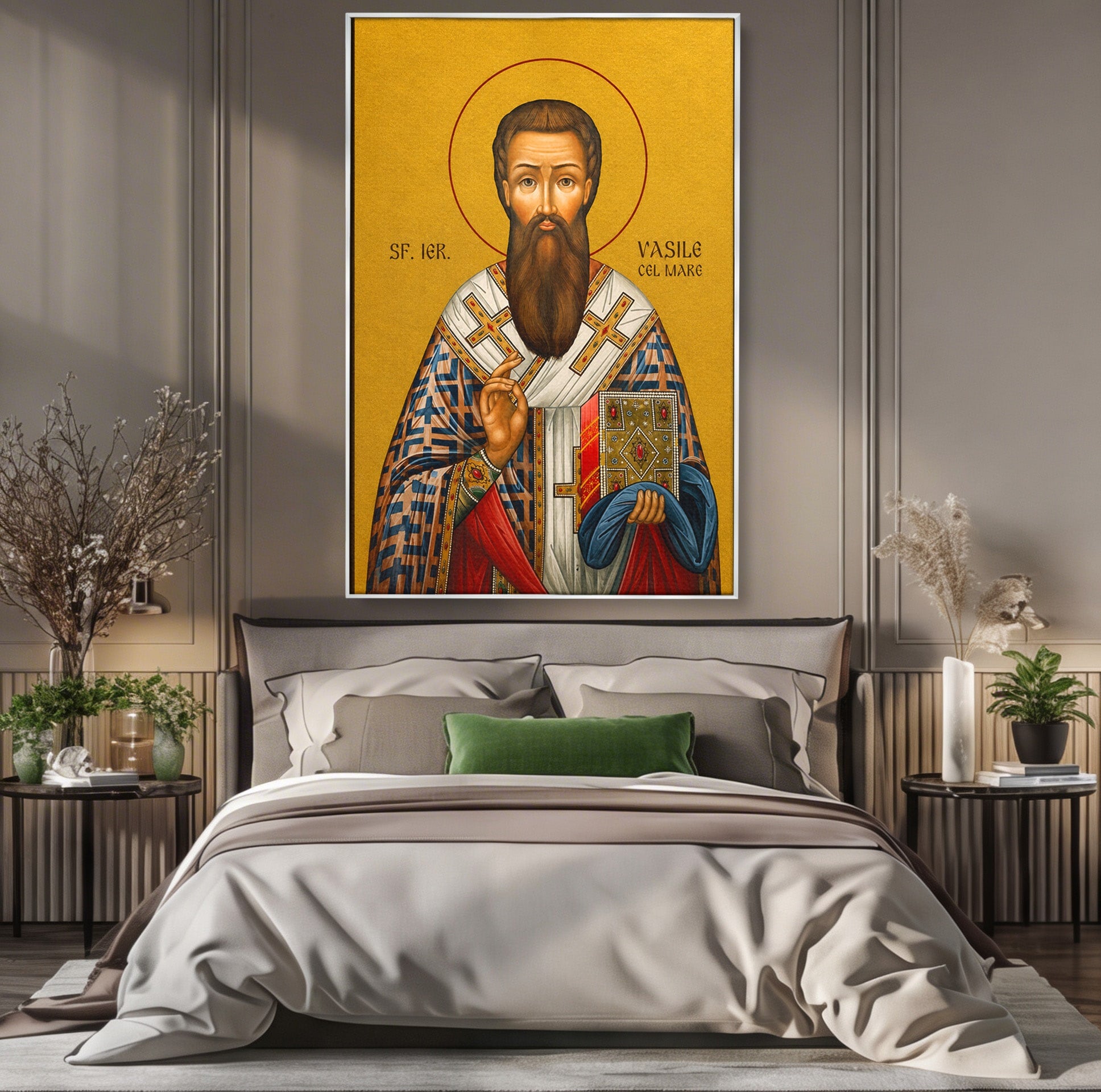 Tablou Canvas Premium LuxCanva® H1123, Sfântul Vasile cel Mare – Părinte al Credinței, Icoana, Ortodox, Spiritualitate, Har, Dormitor, Birou, Culori Vibrante