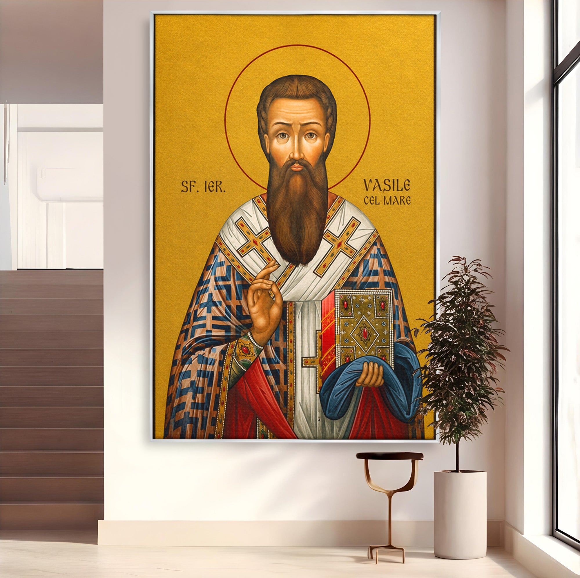 Tablou Canvas Premium LuxCanva® H1123, Sfântul Vasile cel Mare – Părinte al Credinței, Icoana, Ortodox, Spiritualitate, Har, Dormitor, Birou, Culori Vibrante