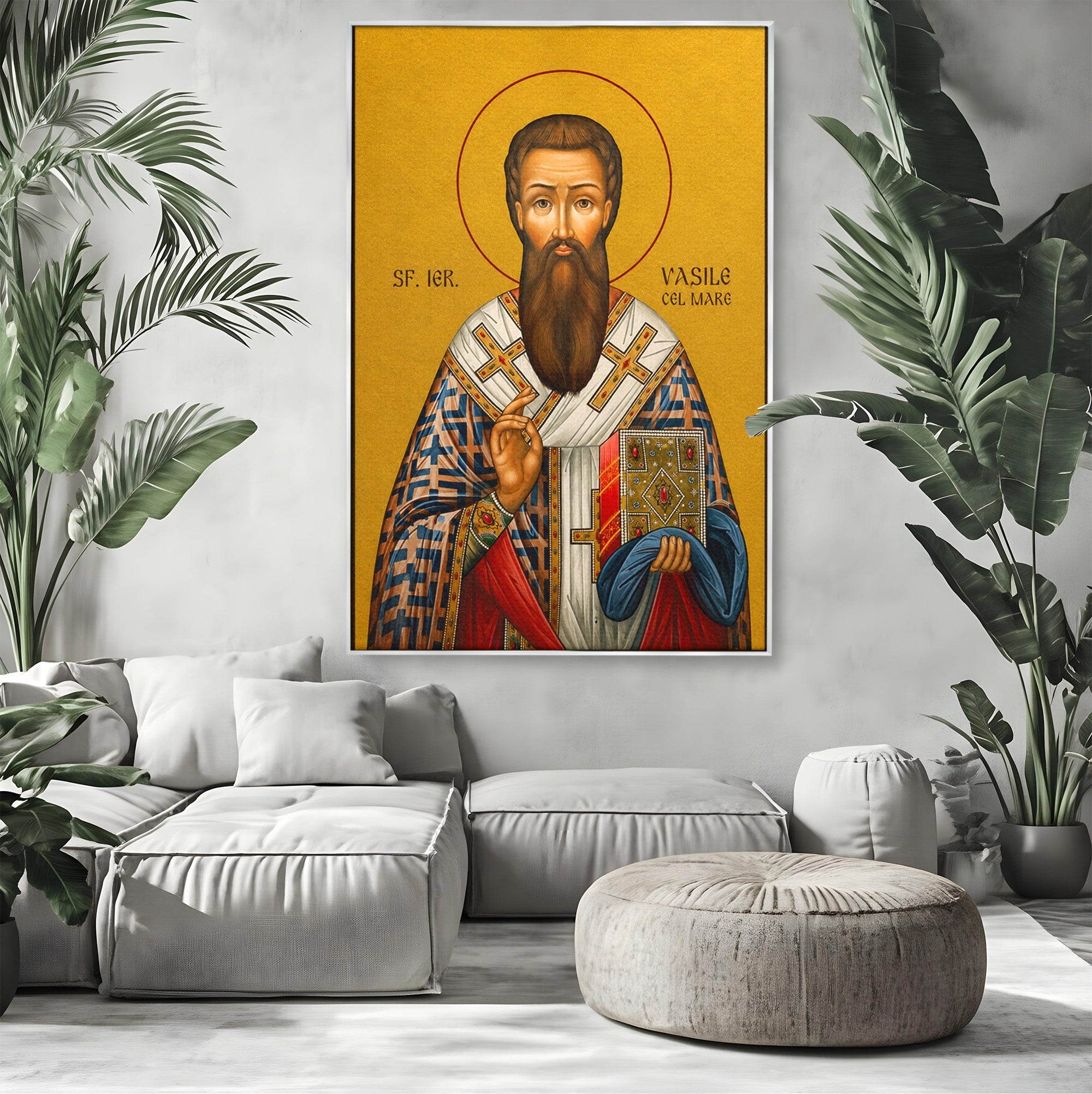 Tablou Canvas Premium LuxCanva® H1123, Sfântul Vasile cel Mare – Părinte al Credinței, Icoana, Ortodox, Spiritualitate, Har, Dormitor, Birou, Culori Vibrante