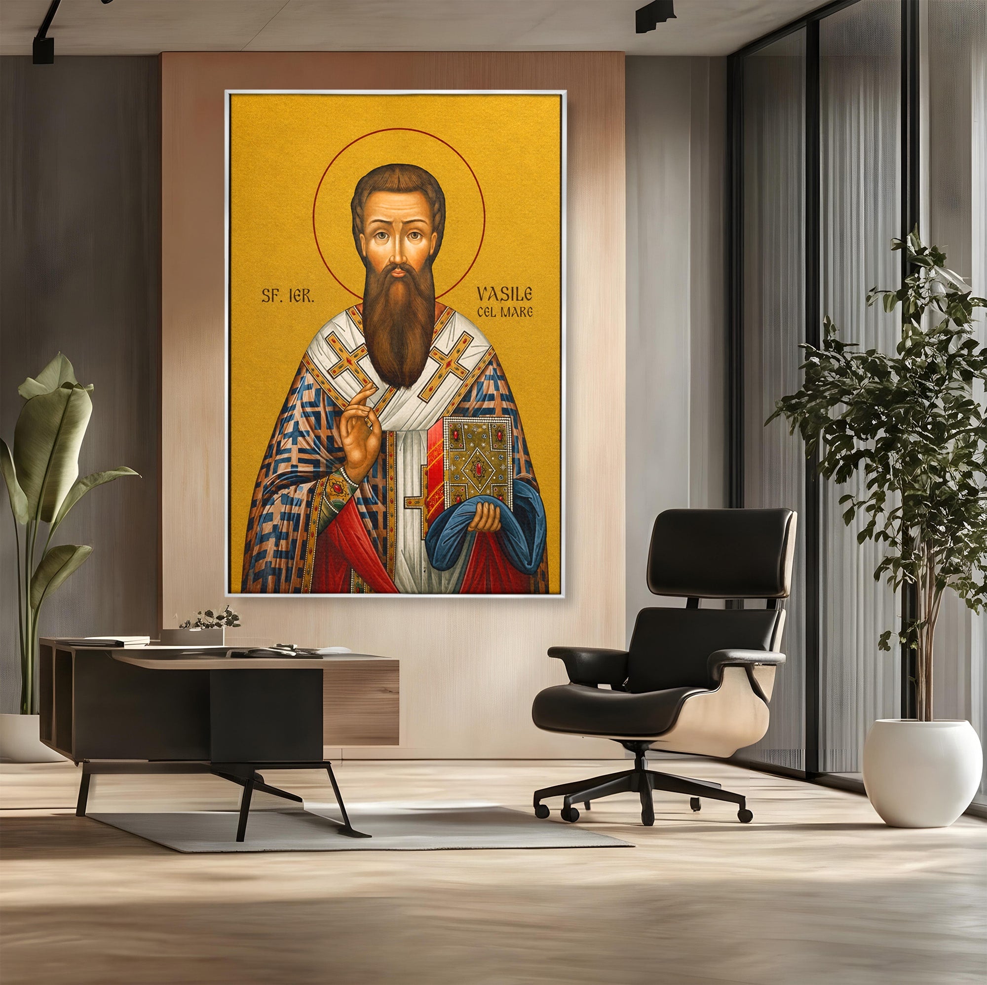 Tablou Canvas Premium LuxCanva® H1123, Sfântul Vasile cel Mare – Părinte al Credinței, Icoana, Ortodox, Spiritualitate, Har, Dormitor, Birou, Culori Vibrante