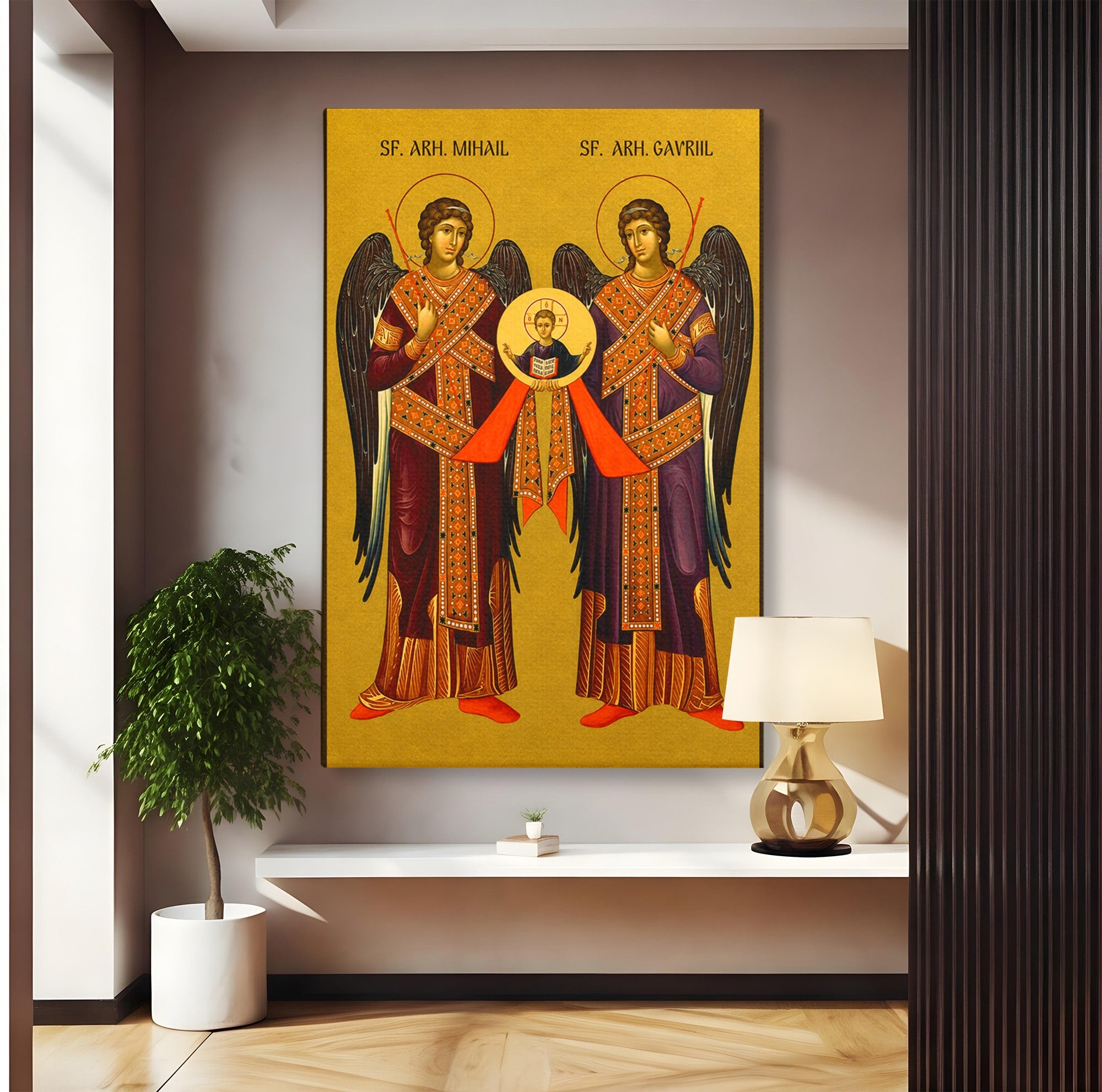 Tablou Canvas Premium LuxCanva® H1125, Arhanghelii Mihail Si Gavriil, Rugaciune, Ortodoxie, Religios, Icoana, Spiritualitate, Dormitor, Hol, Culori Vibrante