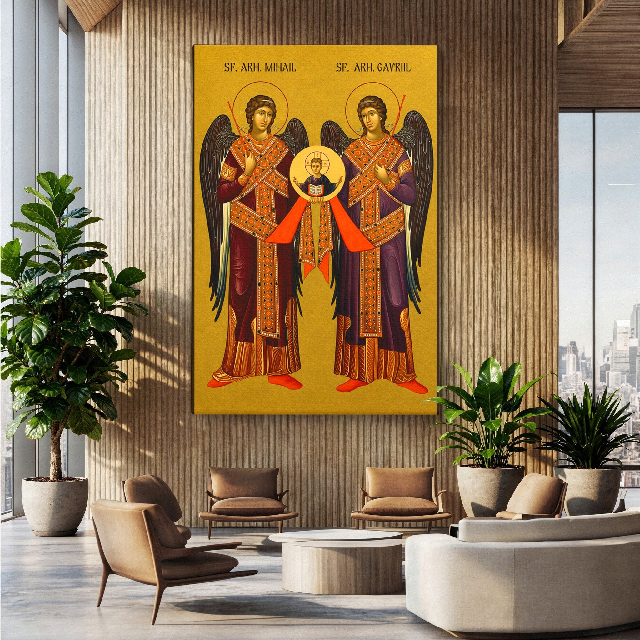 Tablou Canvas Premium LuxCanva® H1125, Arhanghelii Mihail Si Gavriil, Rugaciune, Ortodoxie, Religios, Icoana, Spiritualitate, Dormitor, Hol, Culori Vibrante