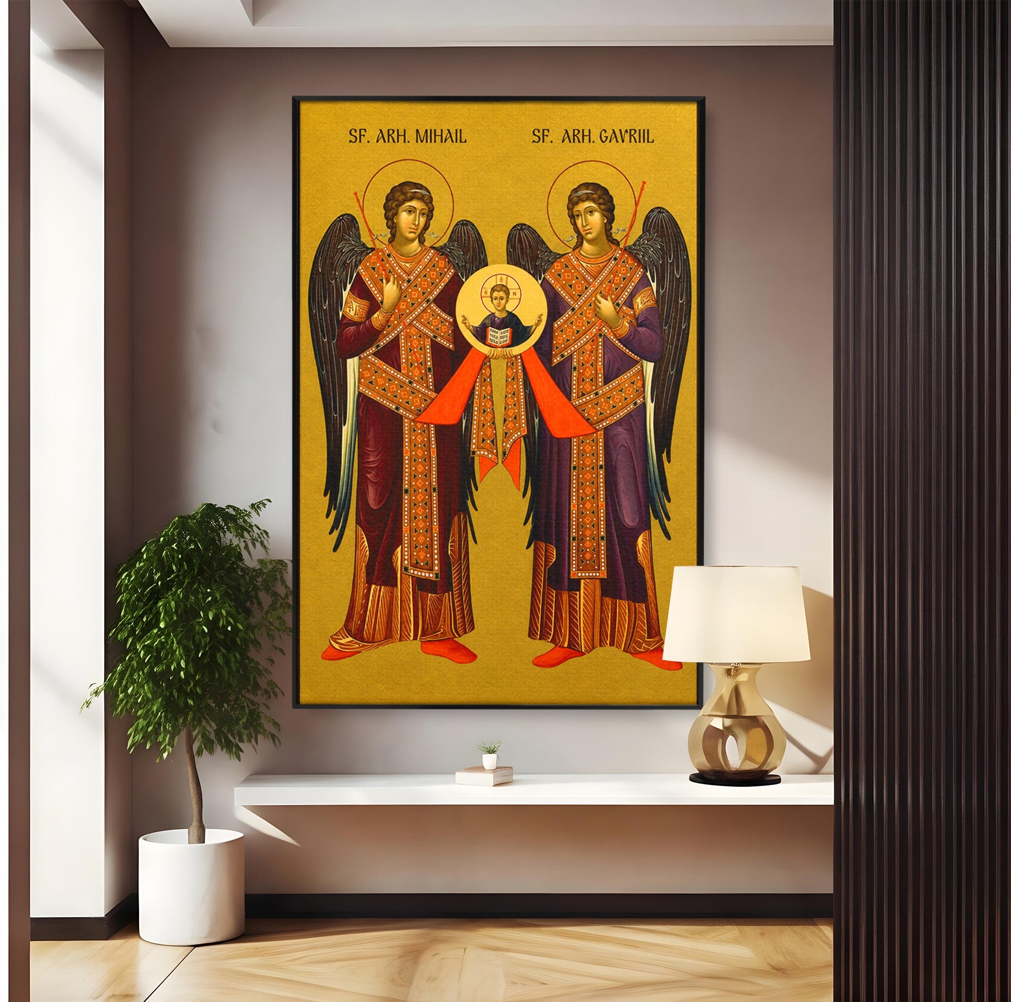 Tablou Canvas Premium LuxCanva® H1125, Arhanghelii Mihail Si Gavriil, Rugaciune, Ortodoxie, Religios, Icoana, Spiritualitate, Dormitor, Hol, Culori Vibrante