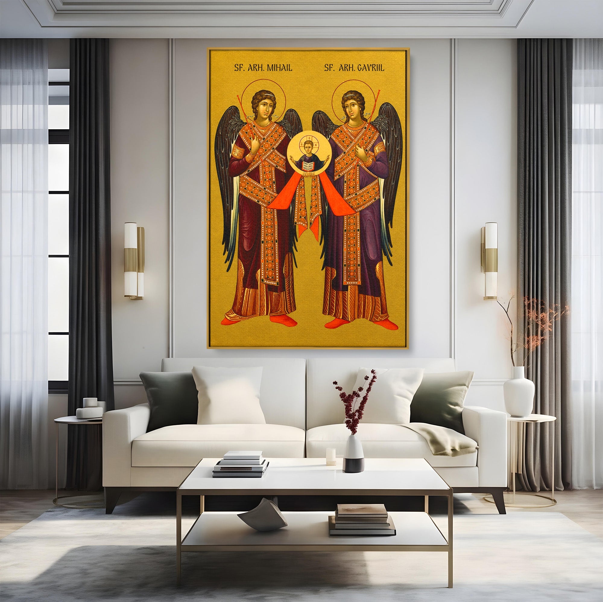 Tablou Canvas Premium LuxCanva® H1125, Arhanghelii Mihail Si Gavriil, Rugaciune, Ortodoxie, Religios, Icoana, Spiritualitate, Dormitor, Hol, Culori Vibrante