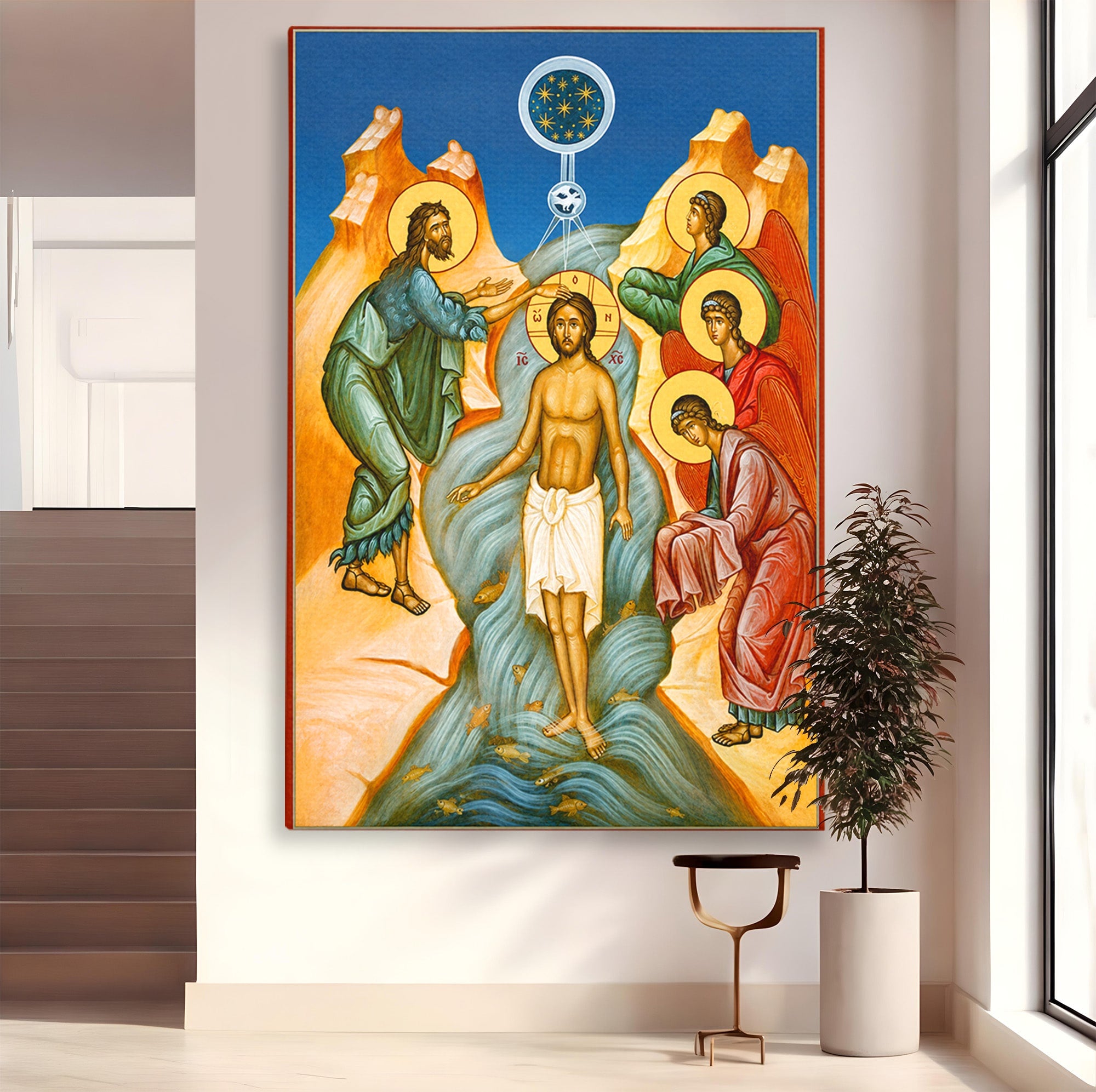 Tablou Canvas Premium LuxCanva® H1127, Botezul Lui Iisus, Iordan, Icoana, Lumina, Divinitate, Spiritualitate, Credinta, Dormitor, Birou, Culori Vibrante