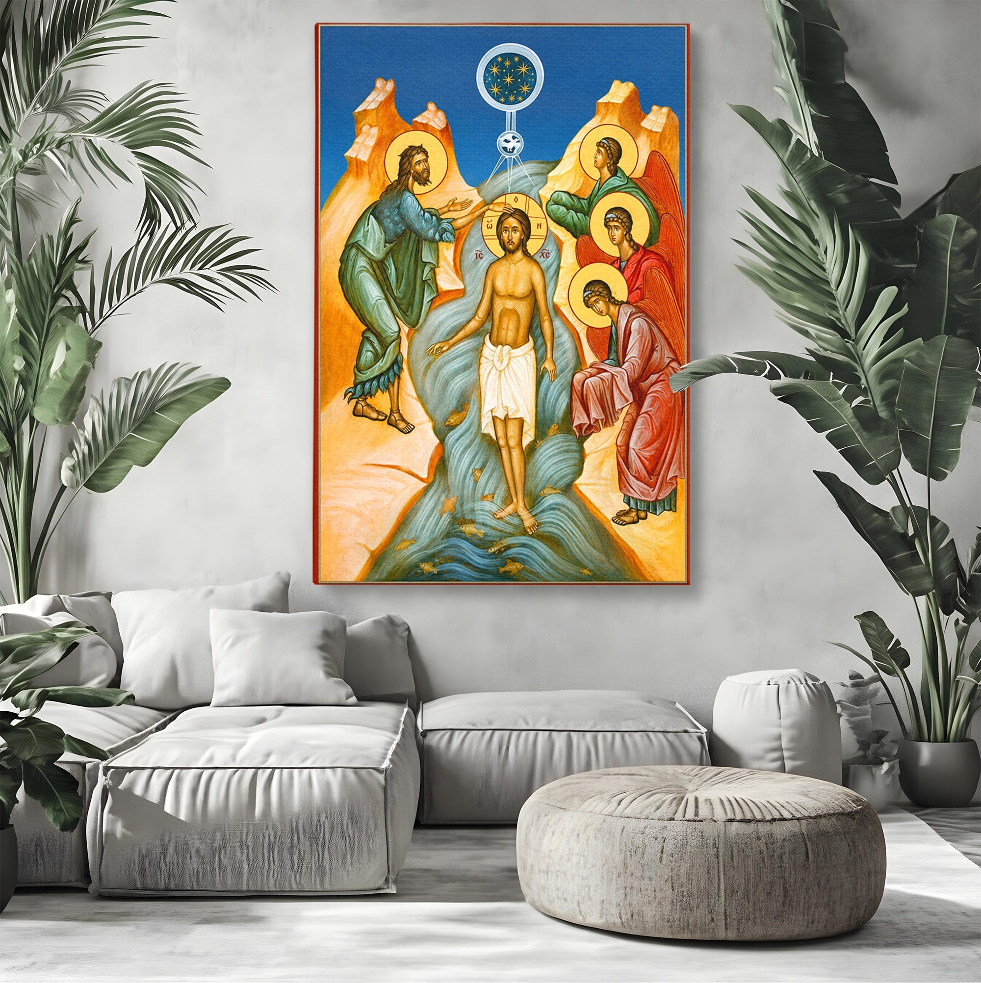 Tablou Canvas Premium LuxCanva® H1127, Botezul Lui Iisus, Iordan, Icoana, Lumina, Divinitate, Spiritualitate, Credinta, Dormitor, Birou, Culori Vibrante