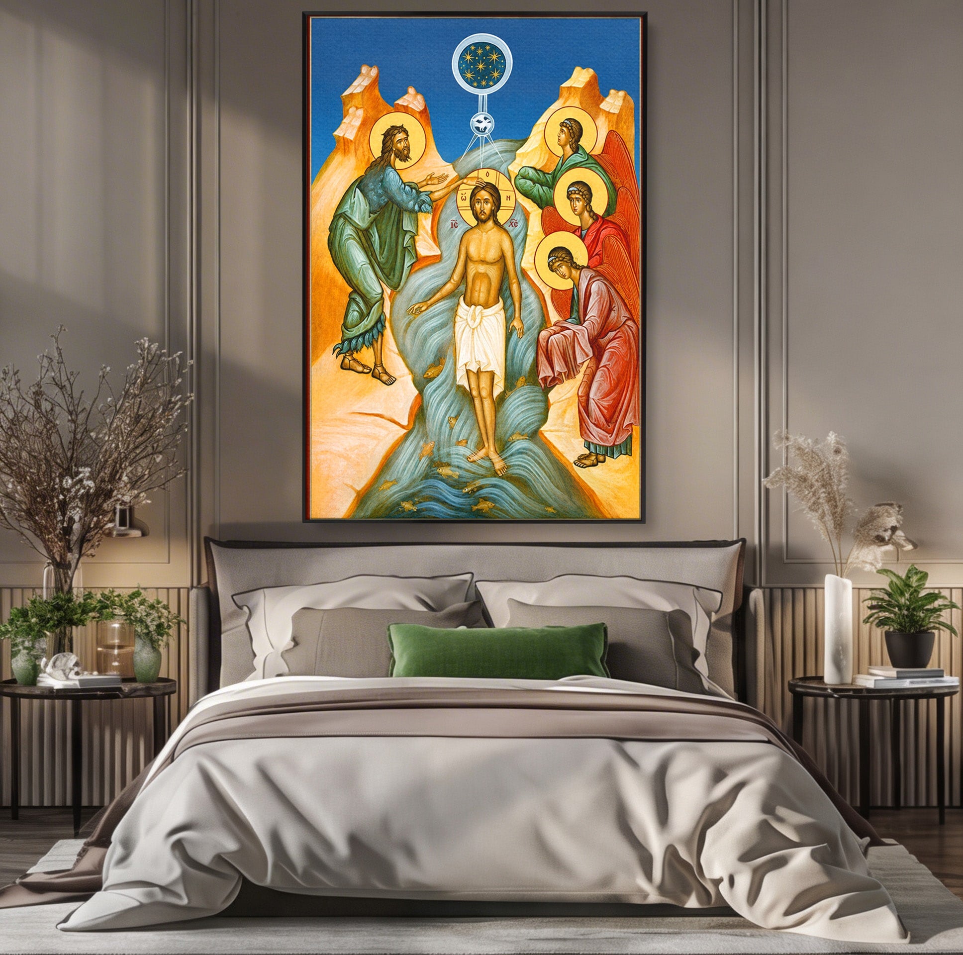 Tablou Canvas Premium LuxCanva® H1127, Botezul Lui Iisus, Iordan, Icoana, Lumina, Divinitate, Spiritualitate, Credinta, Dormitor, Birou, Culori Vibrante