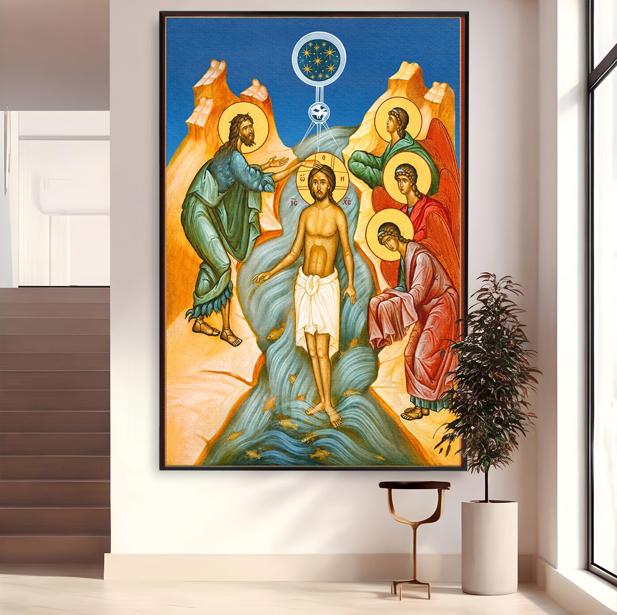 Tablou Canvas Premium LuxCanva® H1127, Botezul Lui Iisus, Iordan, Icoana, Lumina, Divinitate, Spiritualitate, Credinta, Dormitor, Birou, Culori Vibrante