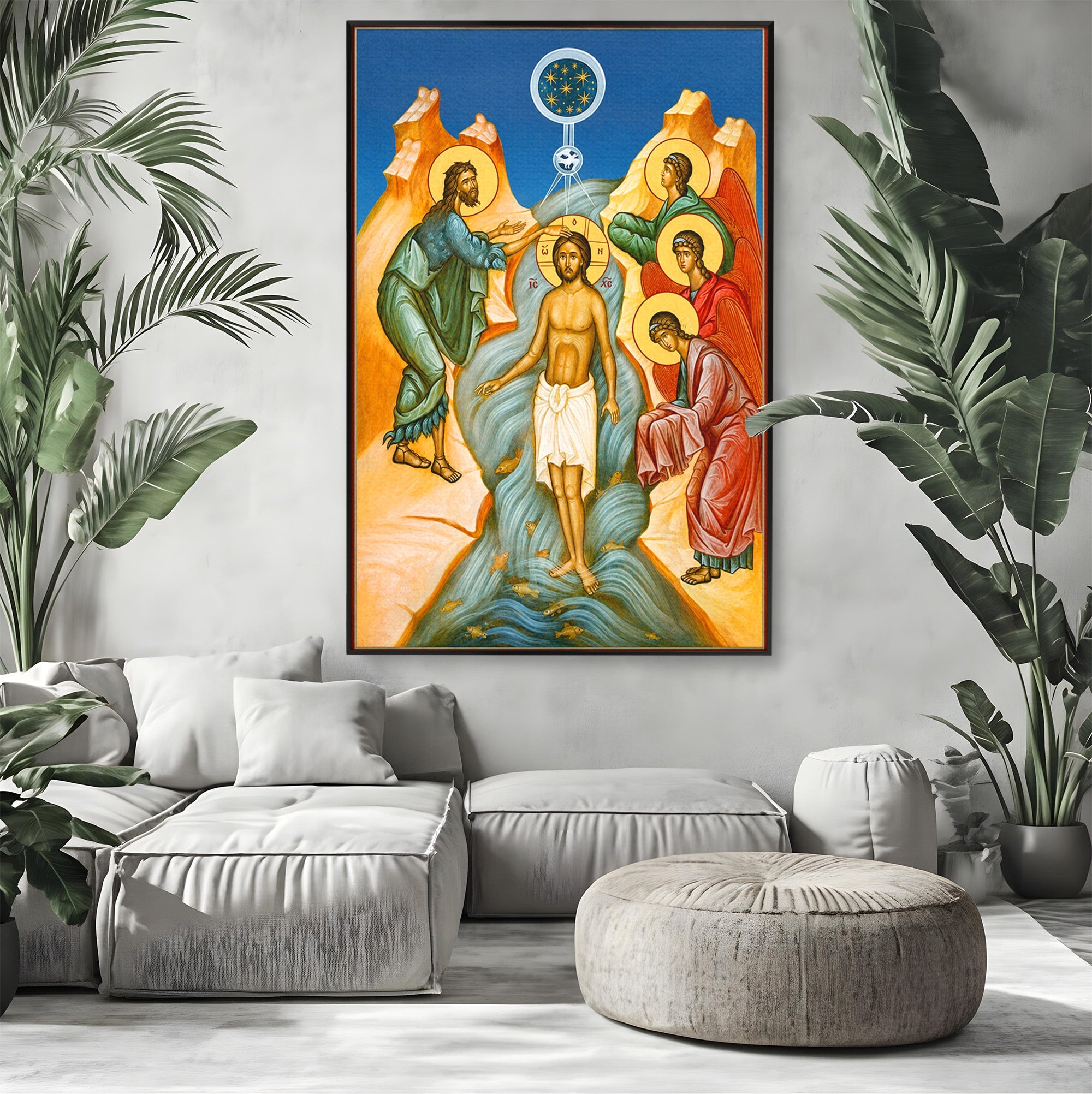 Tablou Canvas Premium LuxCanva® H1127, Botezul Lui Iisus, Iordan, Icoana, Lumina, Divinitate, Spiritualitate, Credinta, Dormitor, Birou, Culori Vibrante