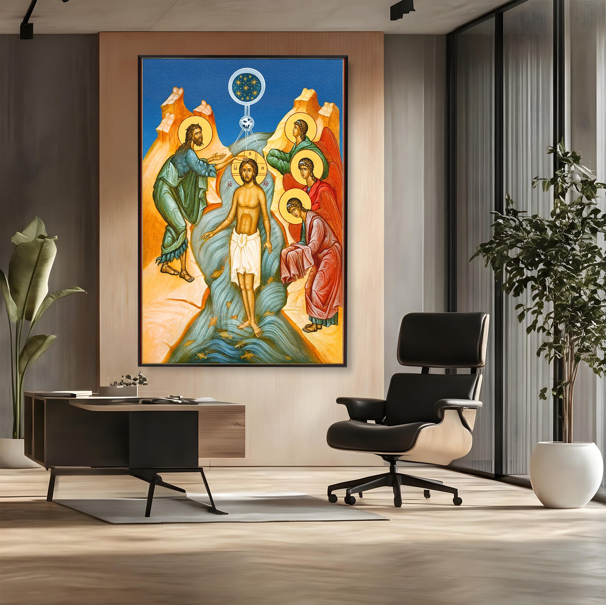 Tablou Canvas Premium LuxCanva® H1127, Botezul Lui Iisus, Iordan, Icoana, Lumina, Divinitate, Spiritualitate, Credinta, Dormitor, Birou, Culori Vibrante