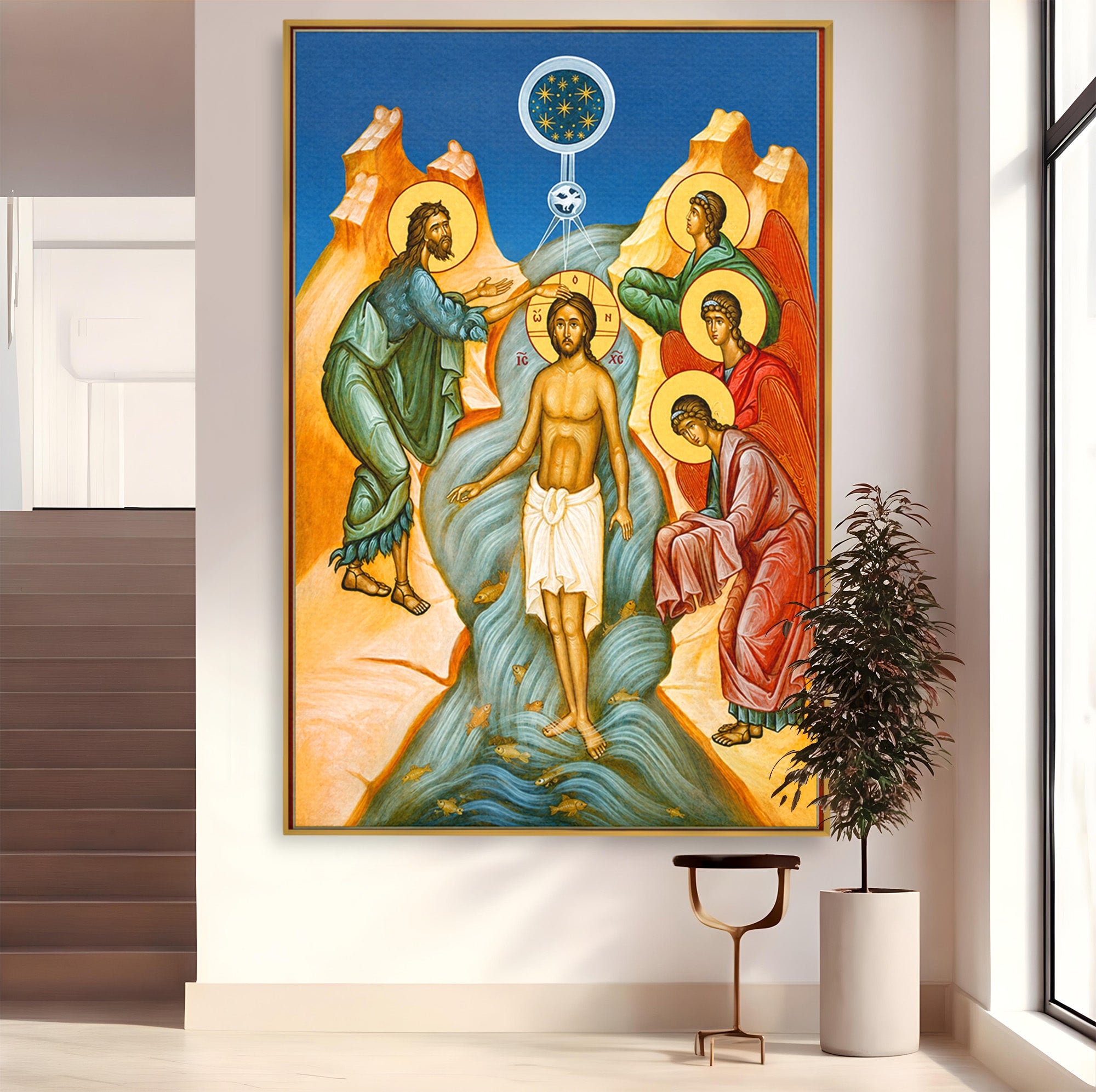 Tablou Canvas Premium LuxCanva® H1127, Botezul Lui Iisus, Iordan, Icoana, Lumina, Divinitate, Spiritualitate, Credinta, Dormitor, Birou, Culori Vibrante