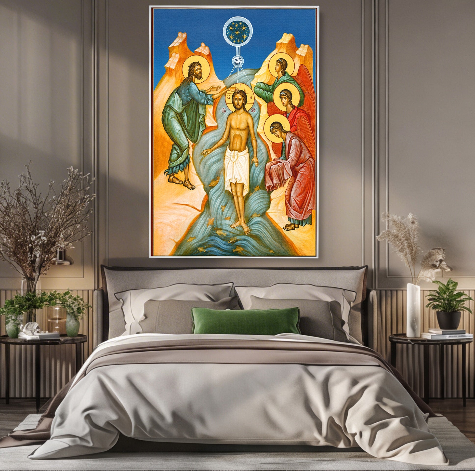 Tablou Canvas Premium LuxCanva® H1127, Botezul Lui Iisus, Iordan, Icoana, Lumina, Divinitate, Spiritualitate, Credinta, Dormitor, Birou, Culori Vibrante