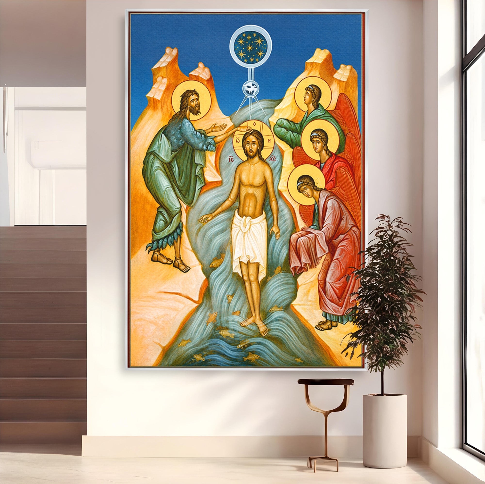 Tablou Canvas Premium LuxCanva® H1127, Botezul Lui Iisus, Iordan, Icoana, Lumina, Divinitate, Spiritualitate, Credinta, Dormitor, Birou, Culori Vibrante