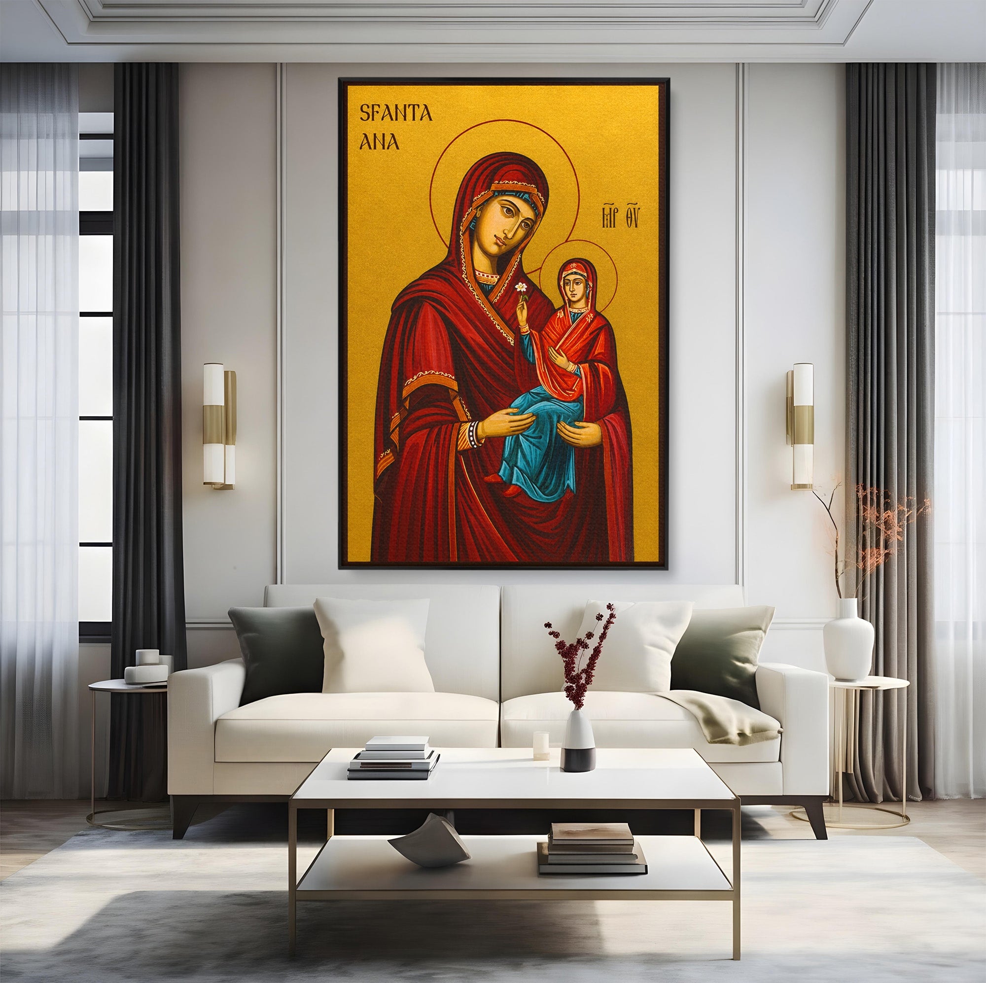 Tablou Canvas Premium LuxCanva® H1130, Sfanta Ana Cu Pruncul, Religios, Icoana, Spiritualitate, Dormitor, Hol, Culori Vibrante