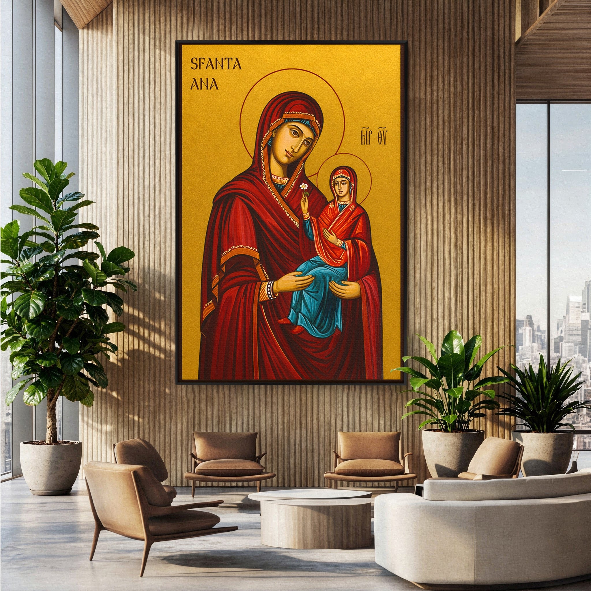 Tablou Canvas Premium LuxCanva® H1130, Sfanta Ana Cu Pruncul, Religios, Icoana, Spiritualitate, Dormitor, Hol, Culori Vibrante