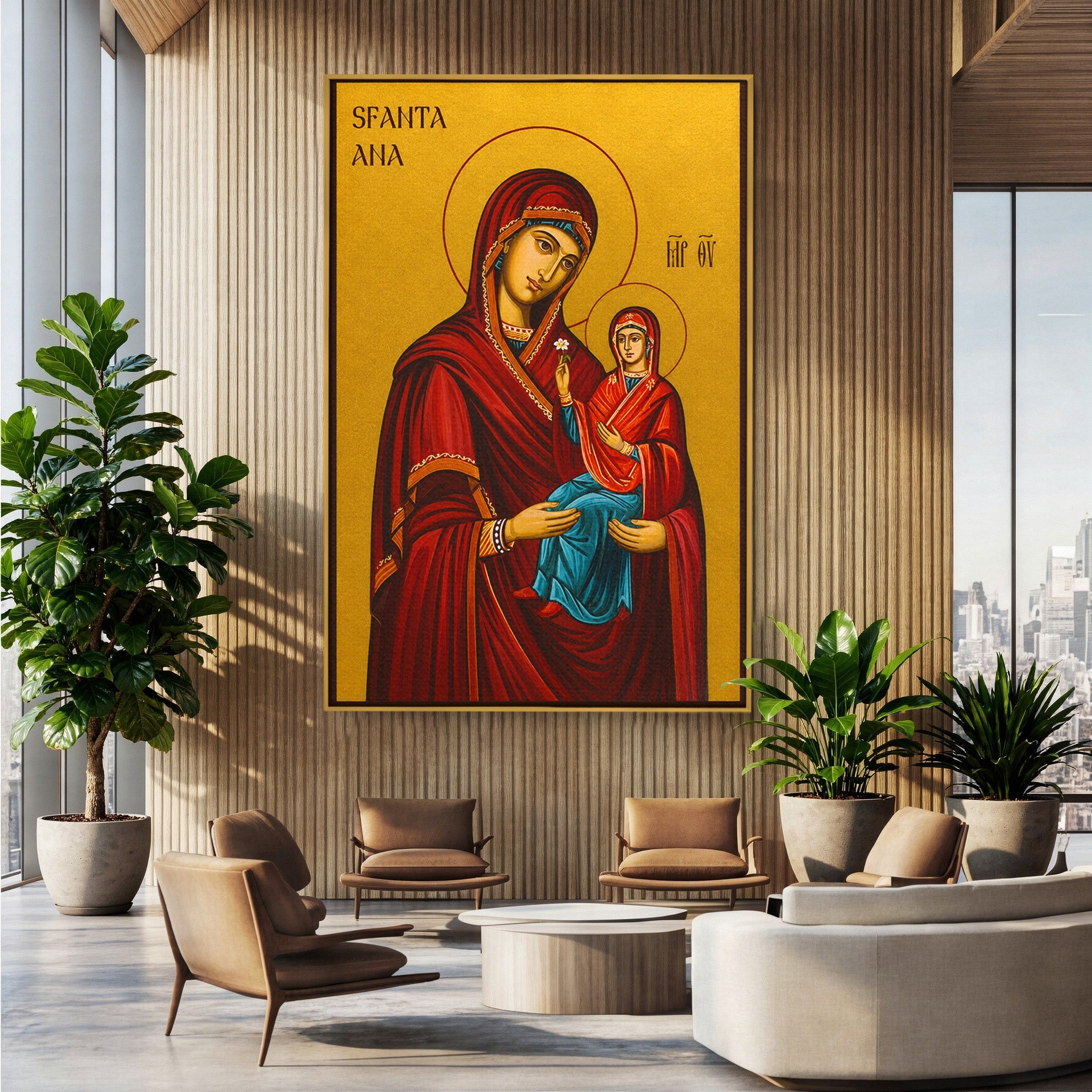 Tablou Canvas Premium LuxCanva® H1130, Sfanta Ana Cu Pruncul, Religios, Icoana, Spiritualitate, Dormitor, Hol, Culori Vibrante