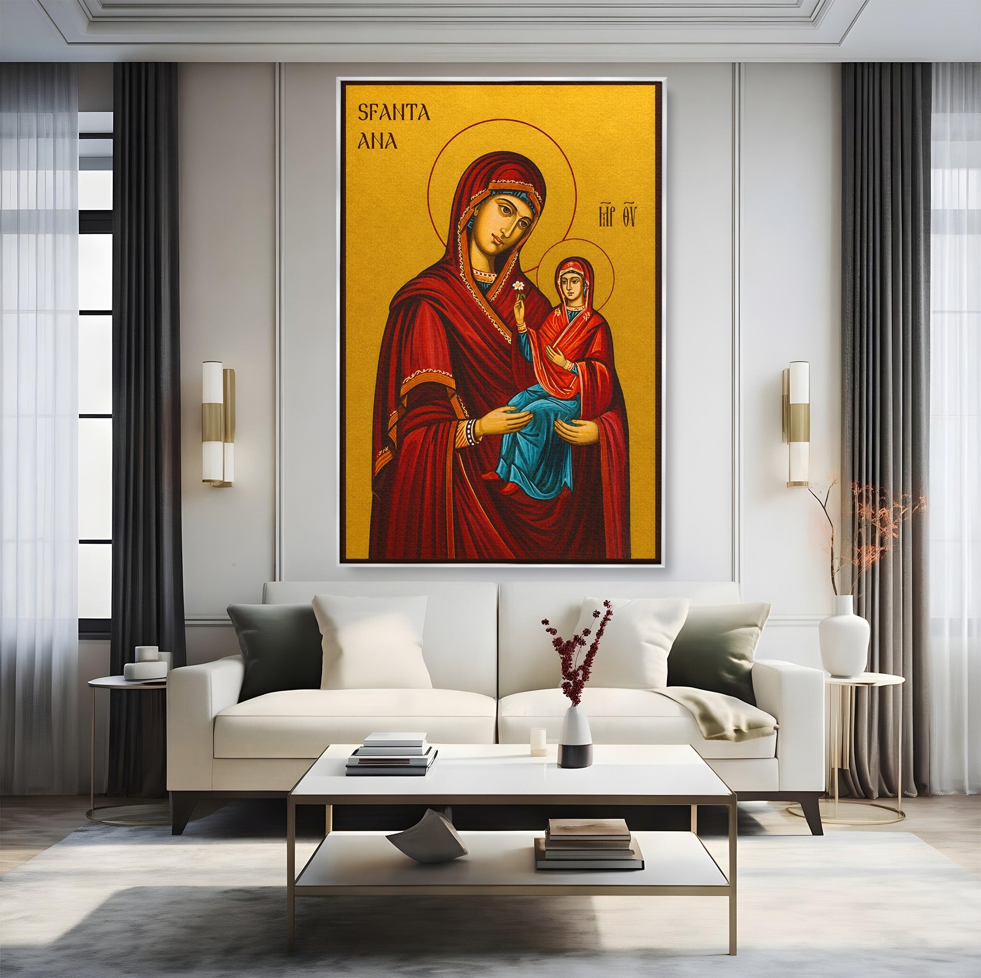 Tablou Canvas Premium LuxCanva® H1130, Sfanta Ana Cu Pruncul, Religios, Icoana, Spiritualitate, Dormitor, Hol, Culori Vibrante