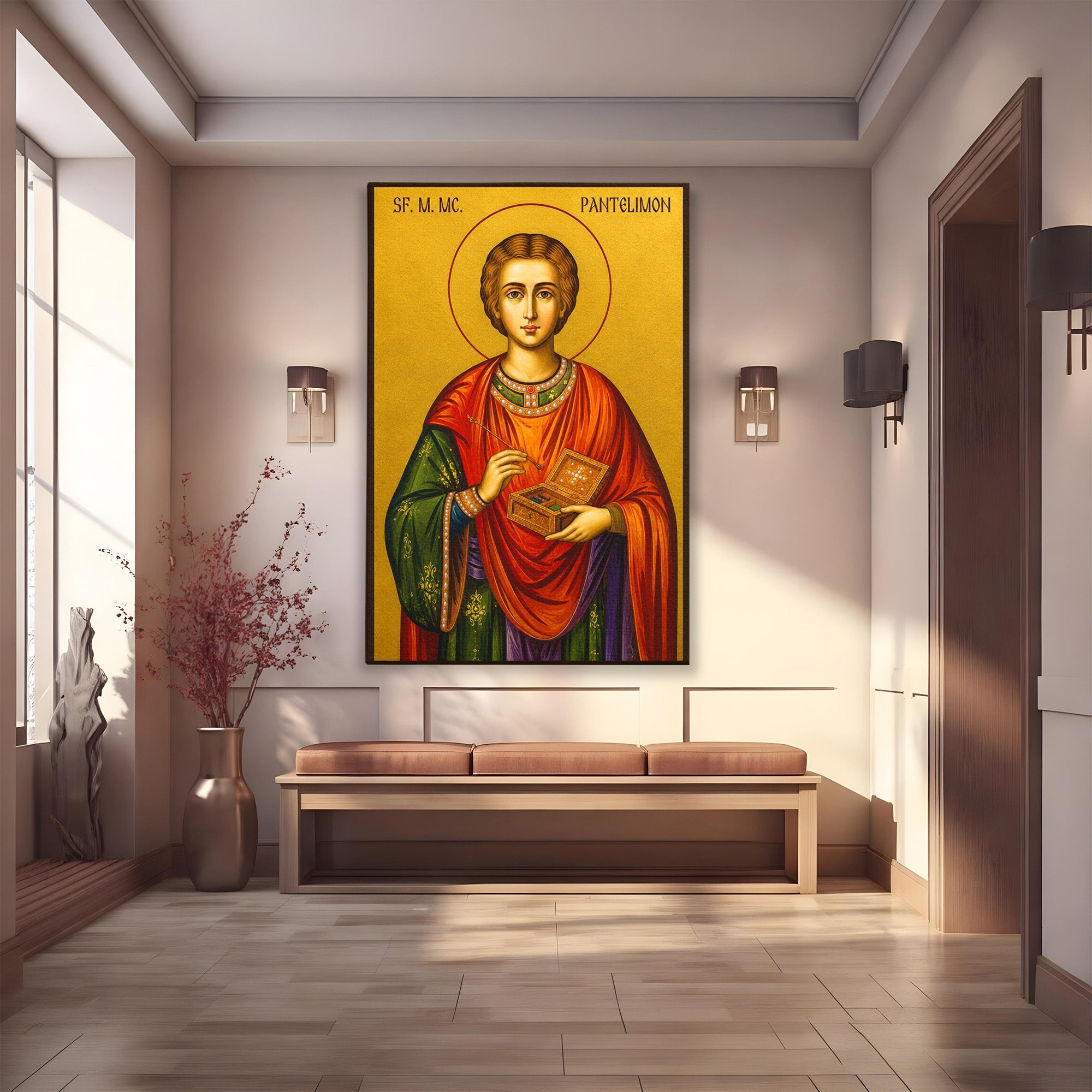 Tablou Canvas Premium LuxCanva® H1134, Sfantul Pantelimon, Religie, Icoana, Sfintenie, Spiritualitate, Dormitor, Birou, Culori Vibrante