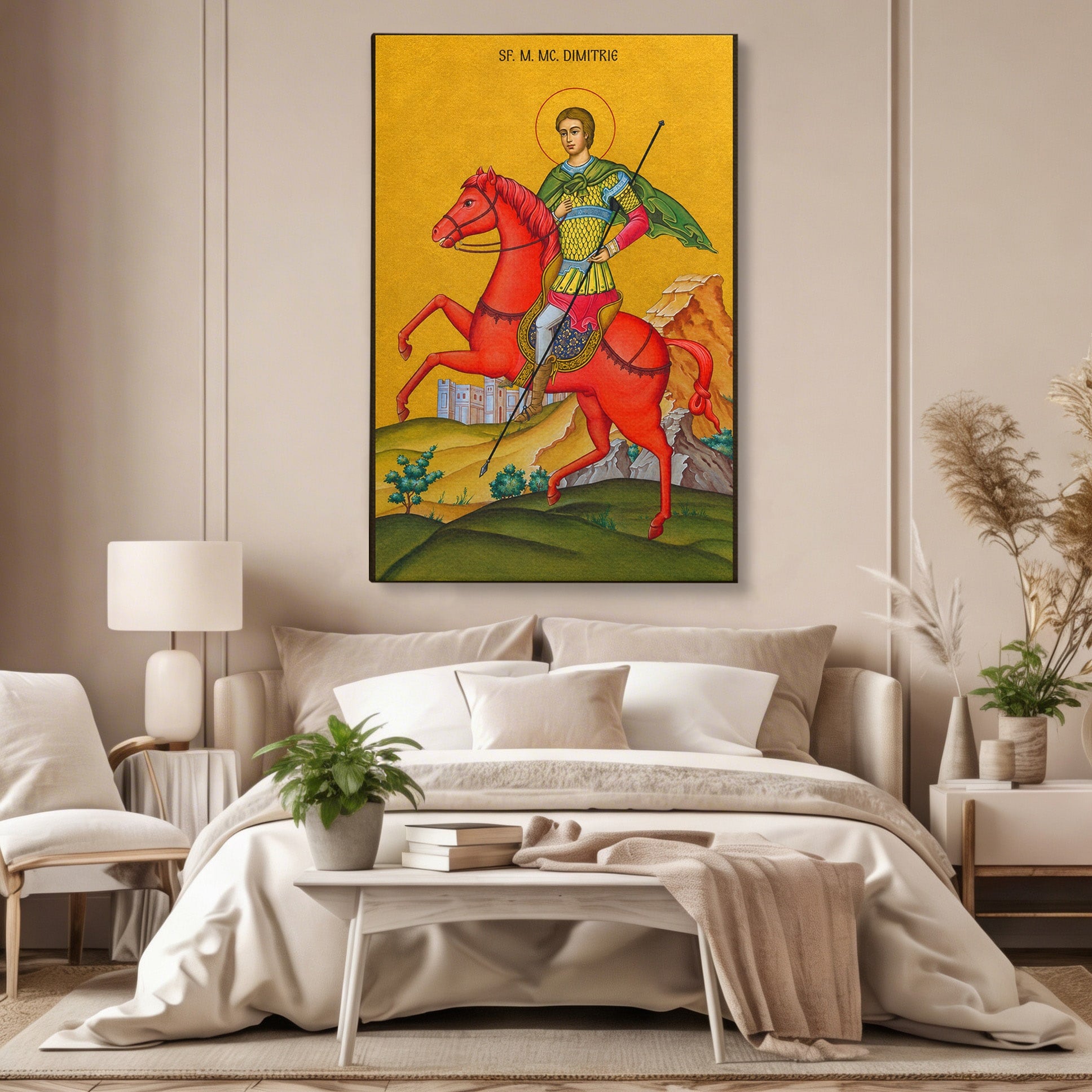 Tablou Canvas Premium LuxCanva® H1138, Sfantul Dimitrie Calare, Sfant, Cavaler, Religios, Cal, Living, Dormitor, Culori Vibrante