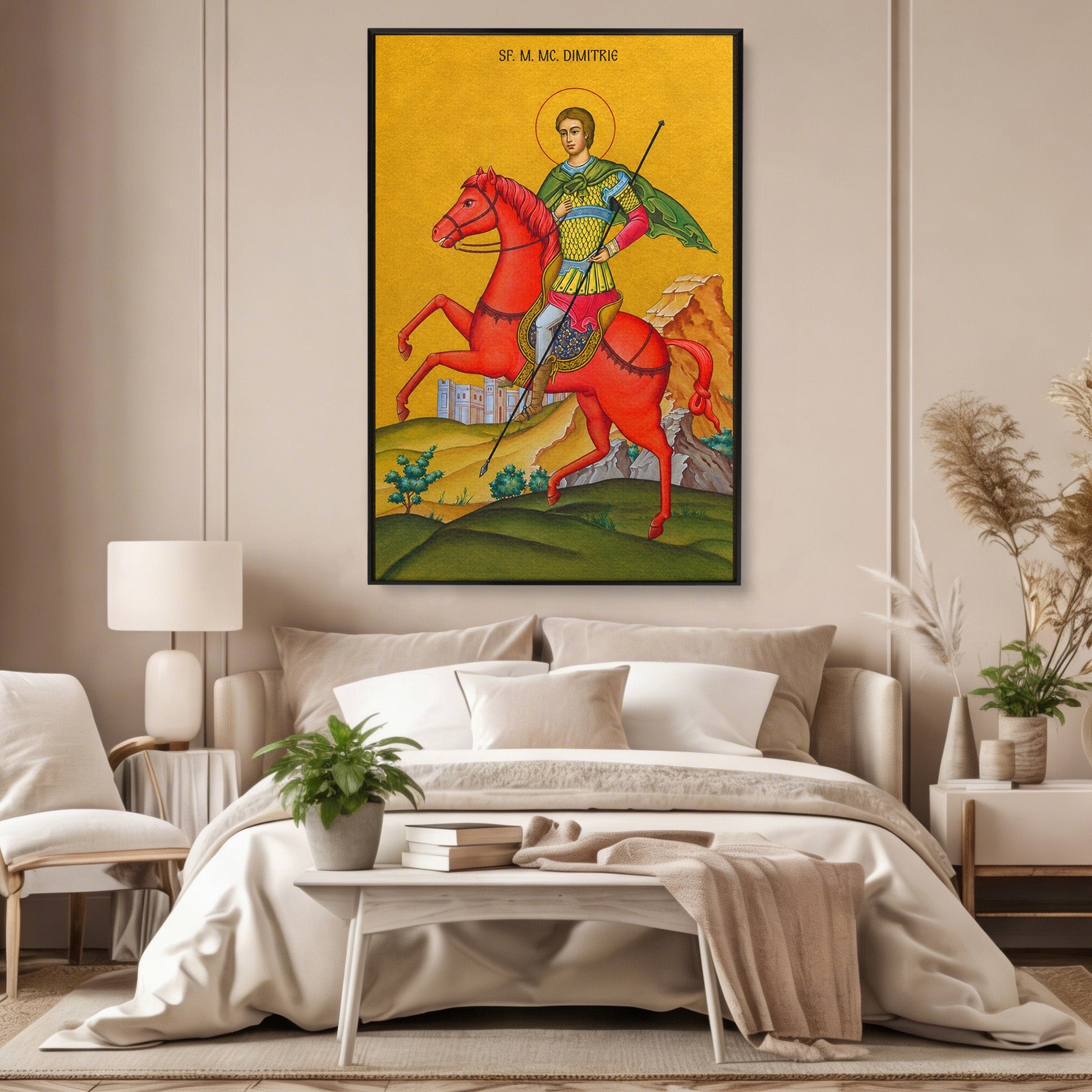 Tablou Canvas Premium LuxCanva® H1138, Sfantul Dimitrie Calare, Sfant, Cavaler, Religios, Cal, Living, Dormitor, Culori Vibrante