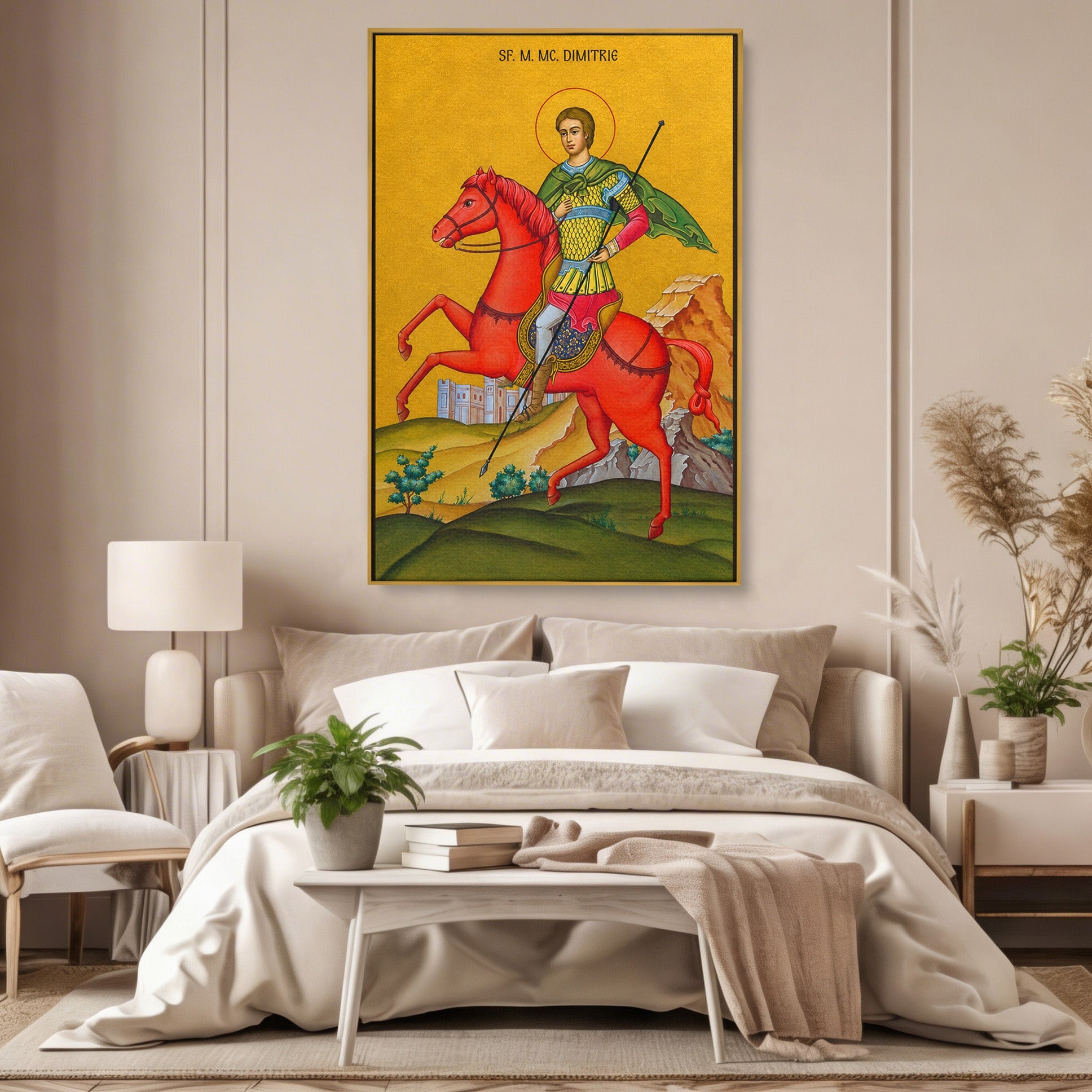 Tablou Canvas Premium LuxCanva® H1138, Sfantul Dimitrie Calare, Sfant, Cavaler, Religios, Cal, Living, Dormitor, Culori Vibrante