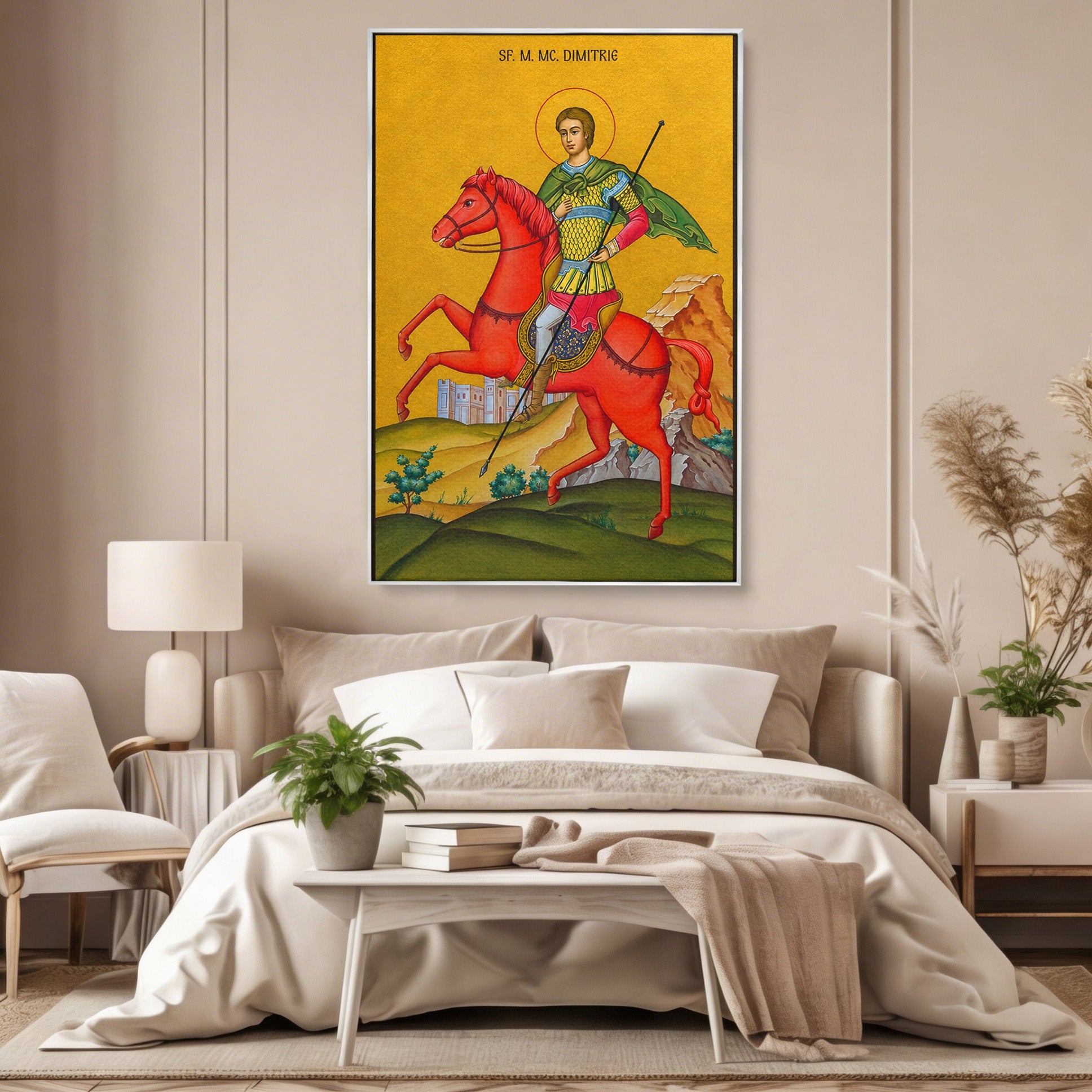 Tablou Canvas Premium LuxCanva® H1138, Sfantul Dimitrie Calare, Sfant, Cavaler, Religios, Cal, Living, Dormitor, Culori Vibrante