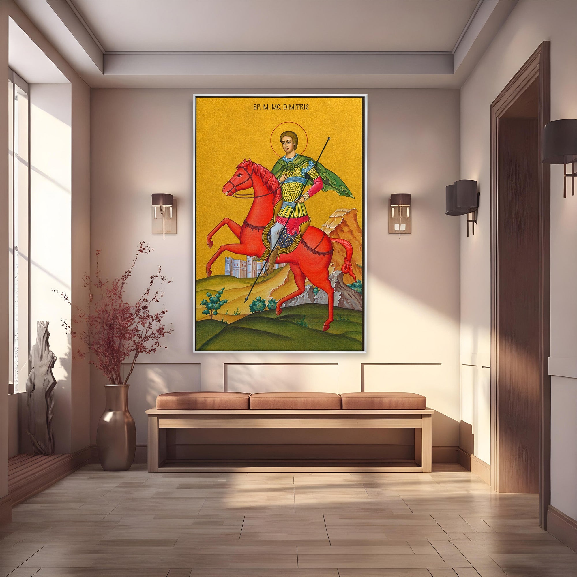 Tablou Canvas Premium LuxCanva® H1138, Sfantul Dimitrie Calare, Sfant, Cavaler, Religios, Cal, Living, Dormitor, Culori Vibrante