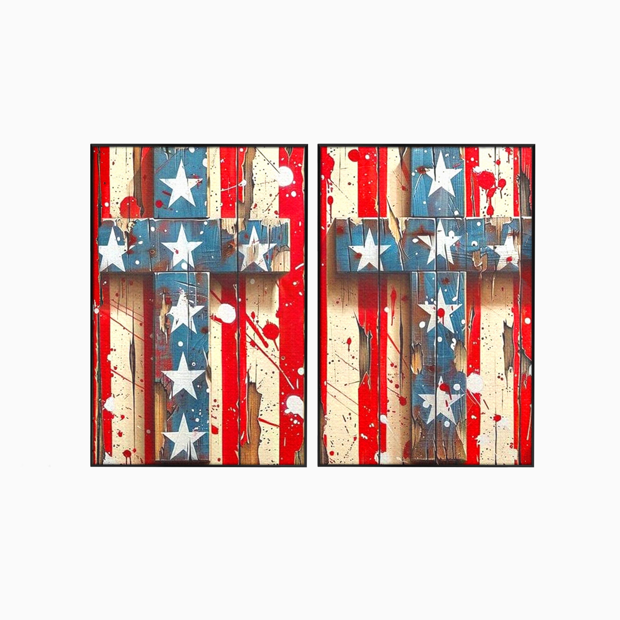 Set 2 Tablouri Canvas Premium LuxCanva® H2-1041, Crucea Libertatii, Credinta, Cruce, Libertate, Patriotism, Drapel, Stele, Simbol Crestin, Arta Patriotica, Living, Dormitor