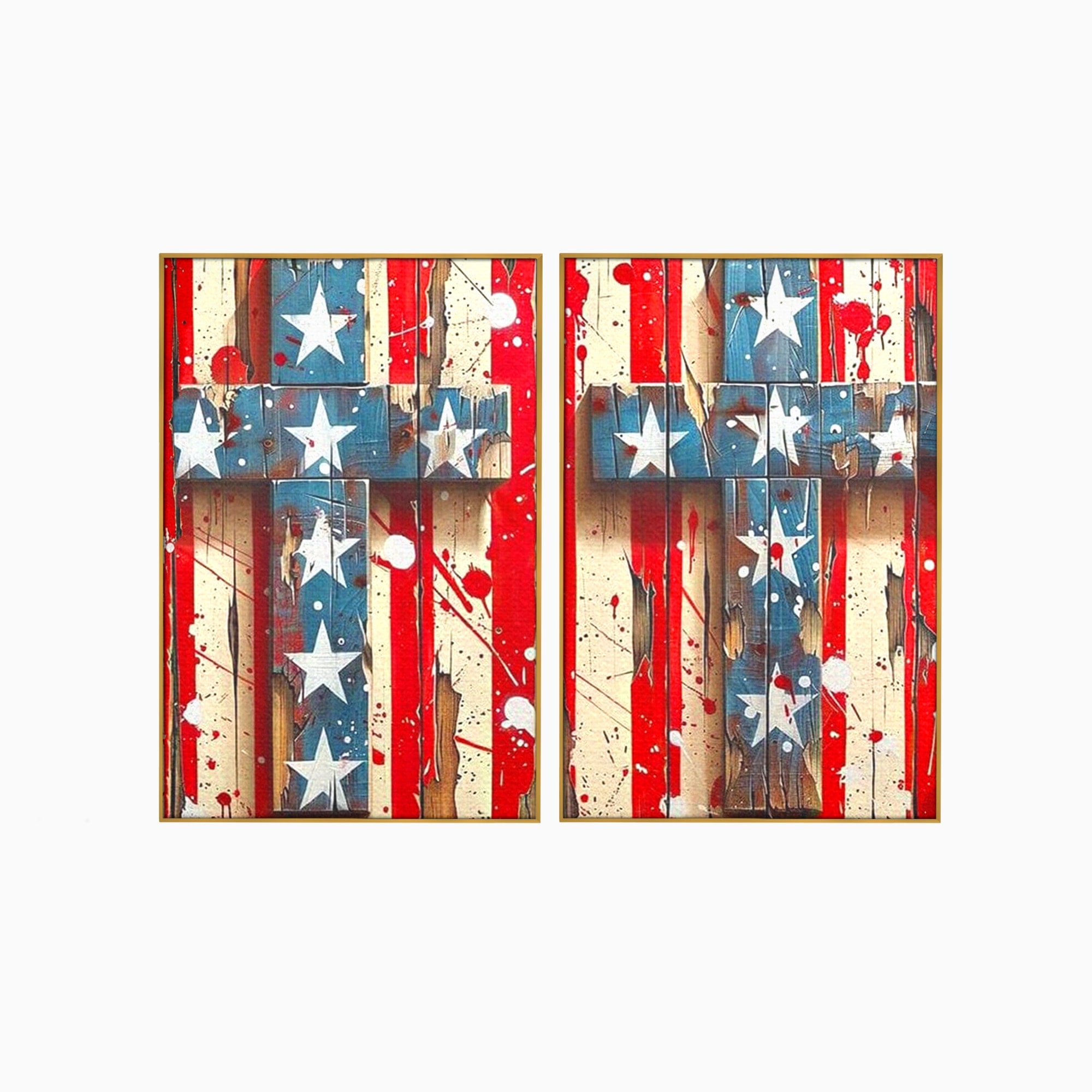 Set 2 Tablouri Canvas Premium LuxCanva® H2-1041, Crucea Libertatii, Credinta, Cruce, Libertate, Patriotism, Drapel, Stele, Simbol Crestin, Arta Patriotica, Living, Dormitor