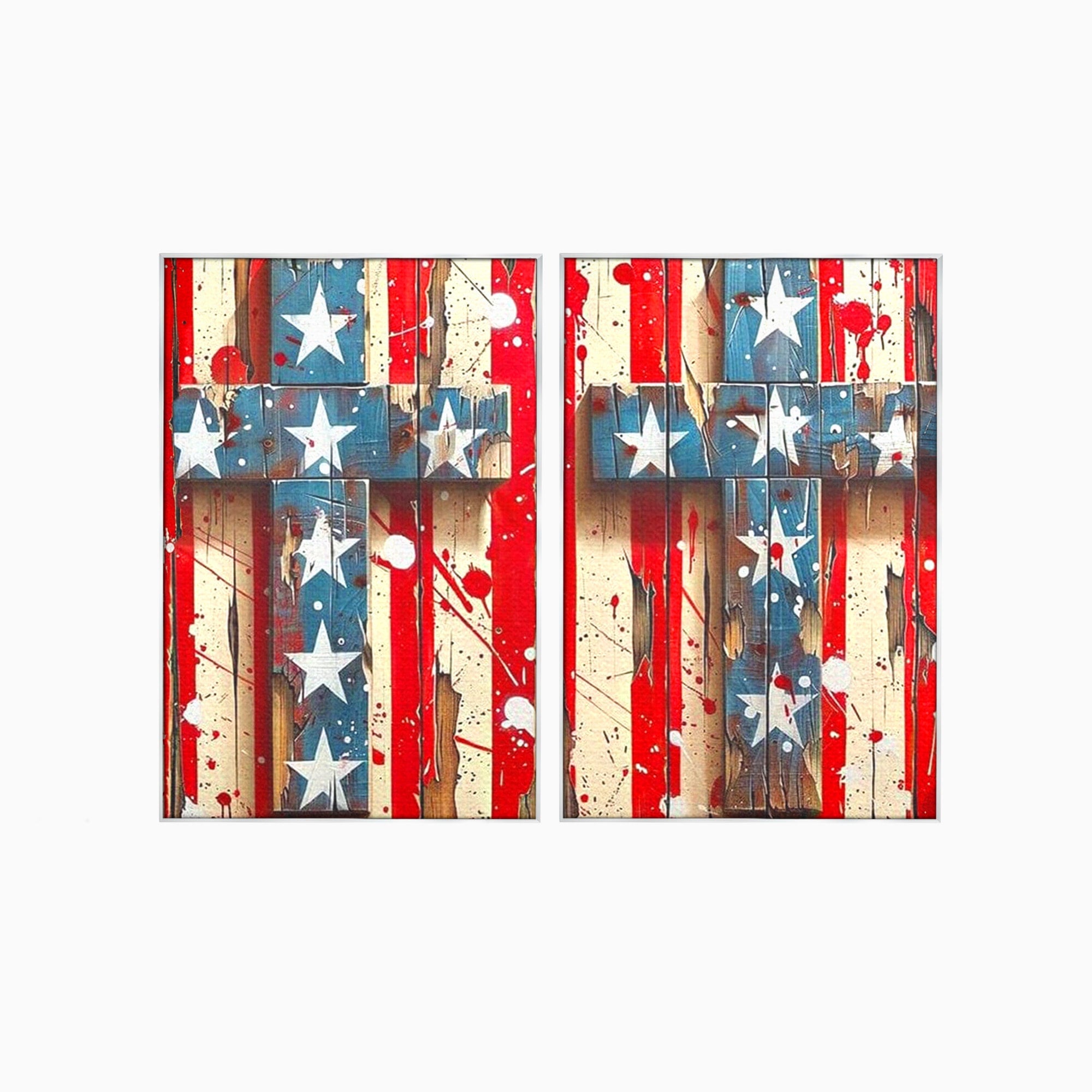 Set 2 Tablouri Canvas Premium LuxCanva® H2-1041, Crucea Libertatii, Credinta, Cruce, Libertate, Patriotism, Drapel, Stele, Simbol Crestin, Arta Patriotica, Living, Dormitor