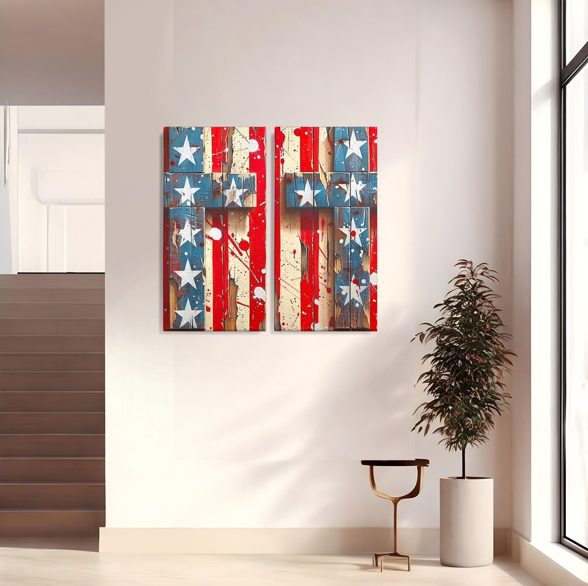 Set 2 Tablouri Canvas Premium LuxCanva® H2-1041, Crucea Libertatii, Credinta, Cruce, Libertate, Patriotism, Drapel, Stele, Simbol Crestin, Arta Patriotica, Living, Dormitor