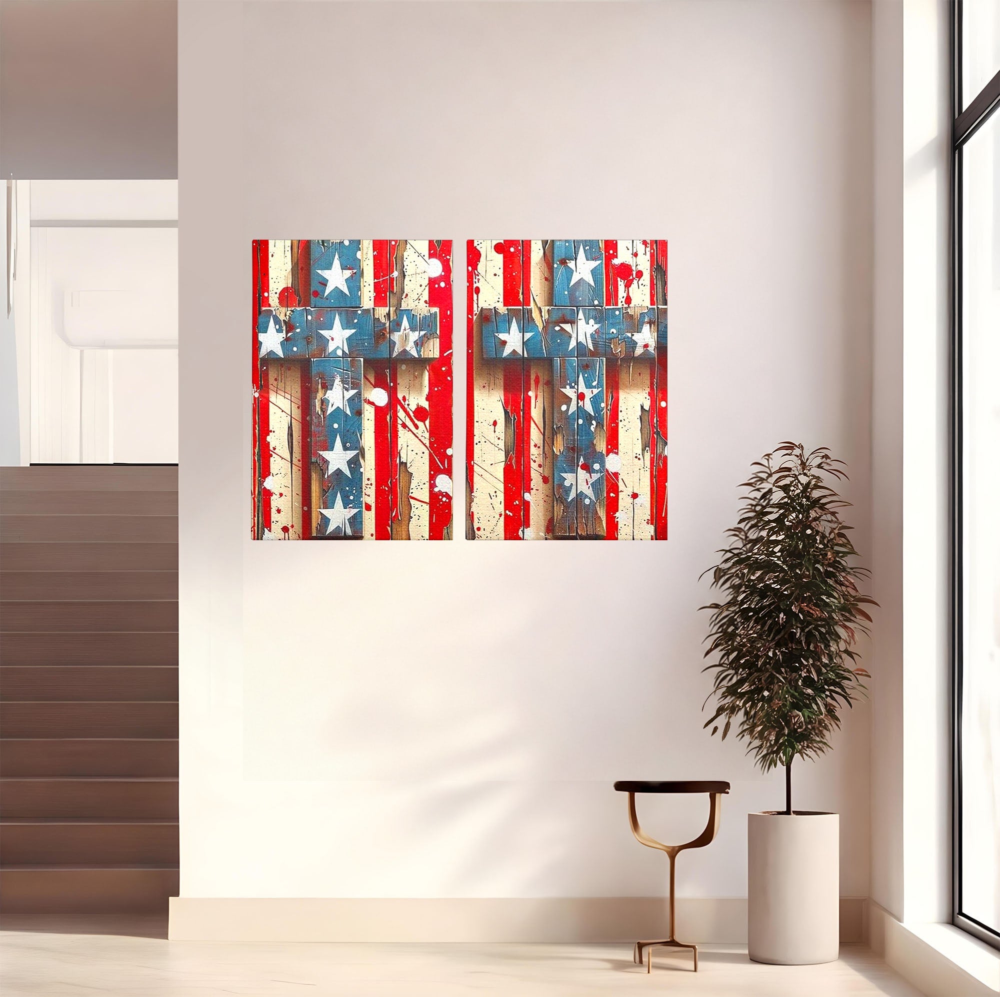 Set 2 Tablouri Canvas Premium LuxCanva® H2-1041, Crucea Libertatii, Credinta, Cruce, Libertate, Patriotism, Drapel, Stele, Simbol Crestin, Arta Patriotica, Living, Dormitor